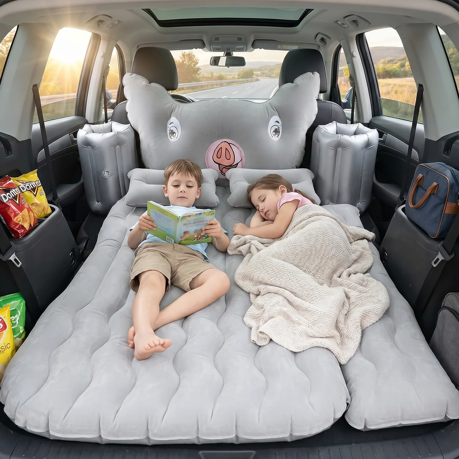 Portable Car Air Mattress Set with Pig Pillow and Cushions for Travel Comfort (1 Set) - Image 5