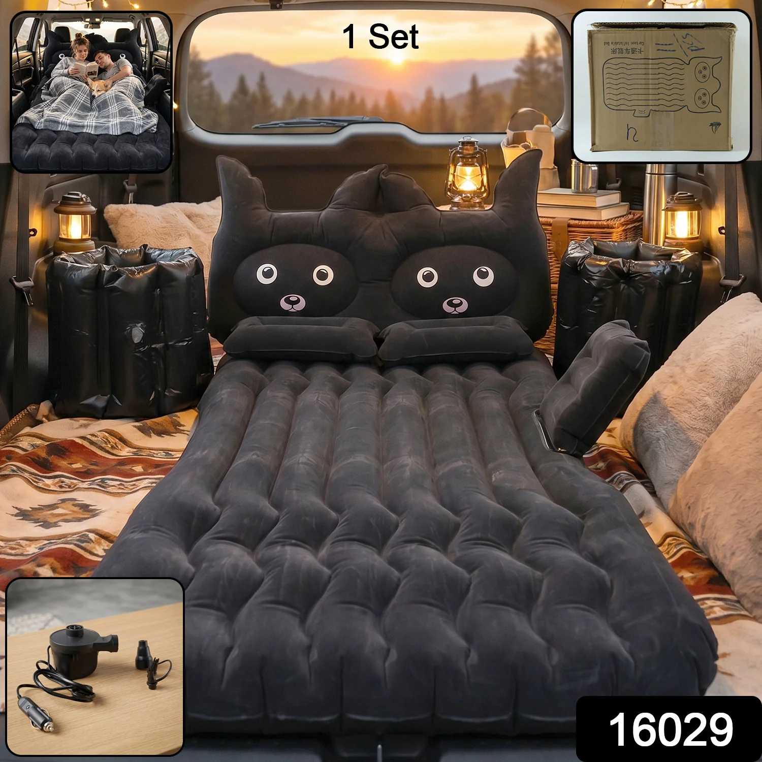 Cute Car Air Mattress Set with Black Cat Pillow for Comfortable Sleeping on the Go (1 Set) - Image 2