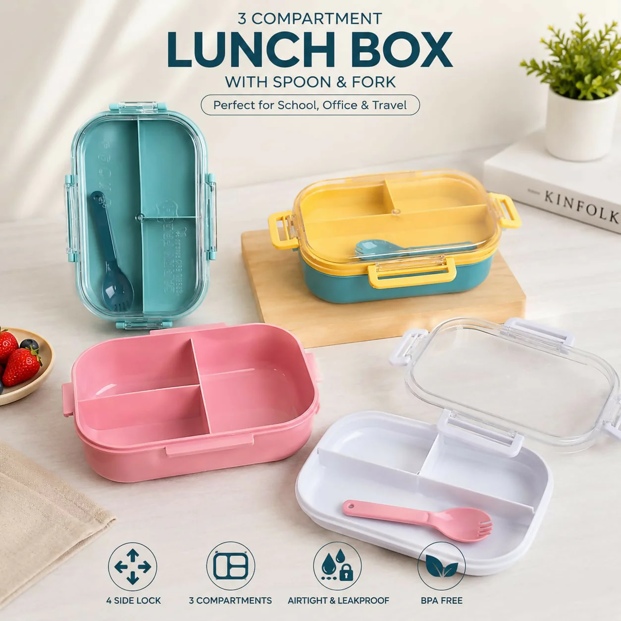 Carry Fresh 3 Compartment Leakproof Lunch Box with Spoon Fork - Image 4