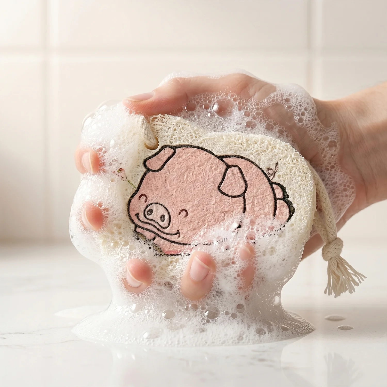 Cartoon Printed Bath Scrubber Sponge with Hanging Rope (1 Pc) - Image 5