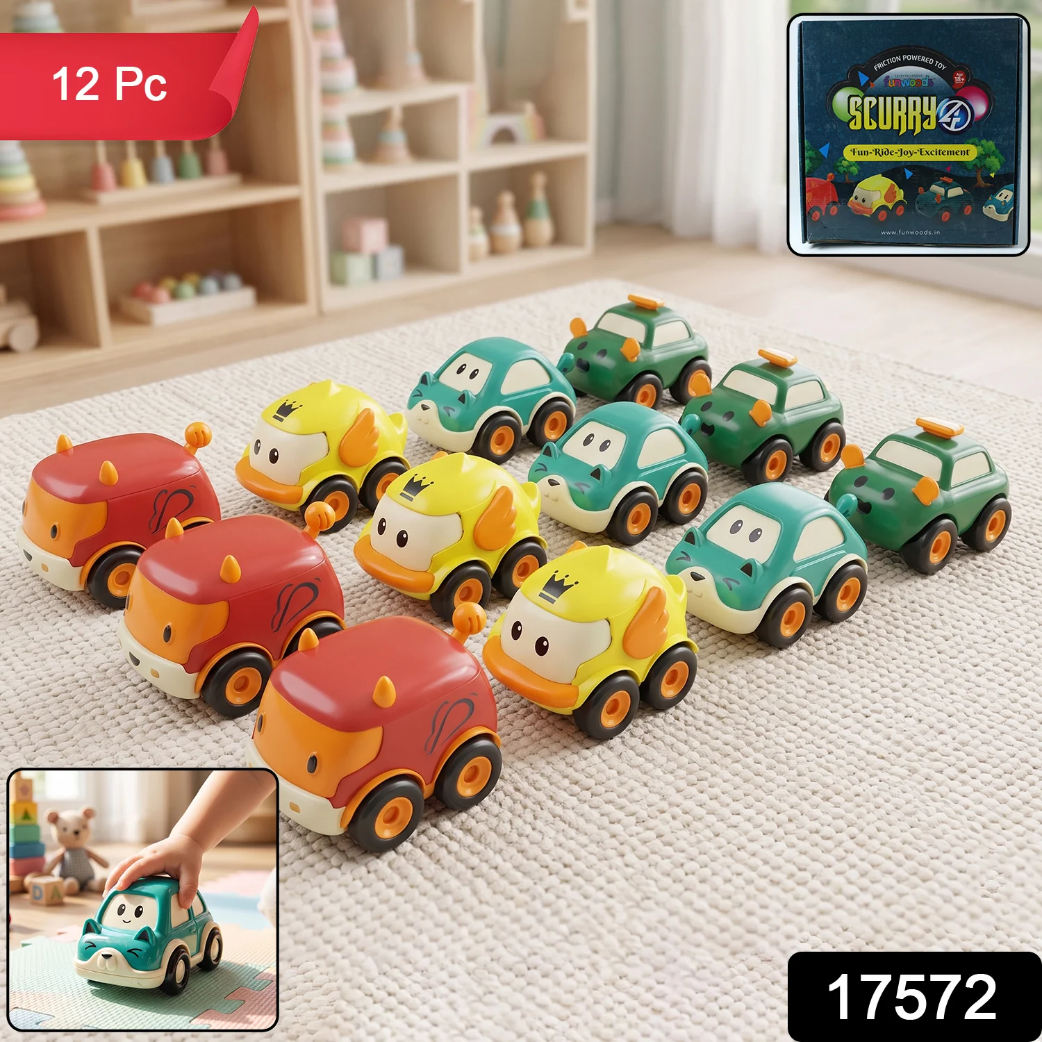 Funwoods Scurry Toy Cars for Kids - 12 Pcs, Colorful, Fun & Interactive Cars - Image 2