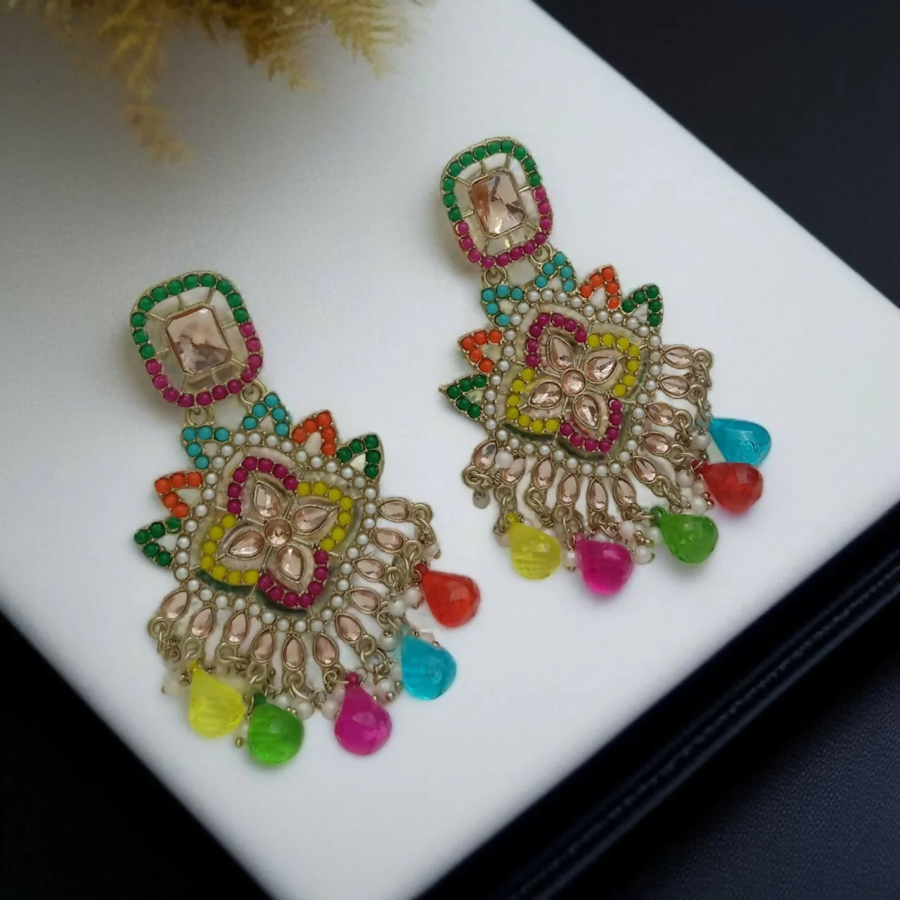Intricate Gold-Toned Multi-Hue Floral Earrings for Party Wear - Image 2