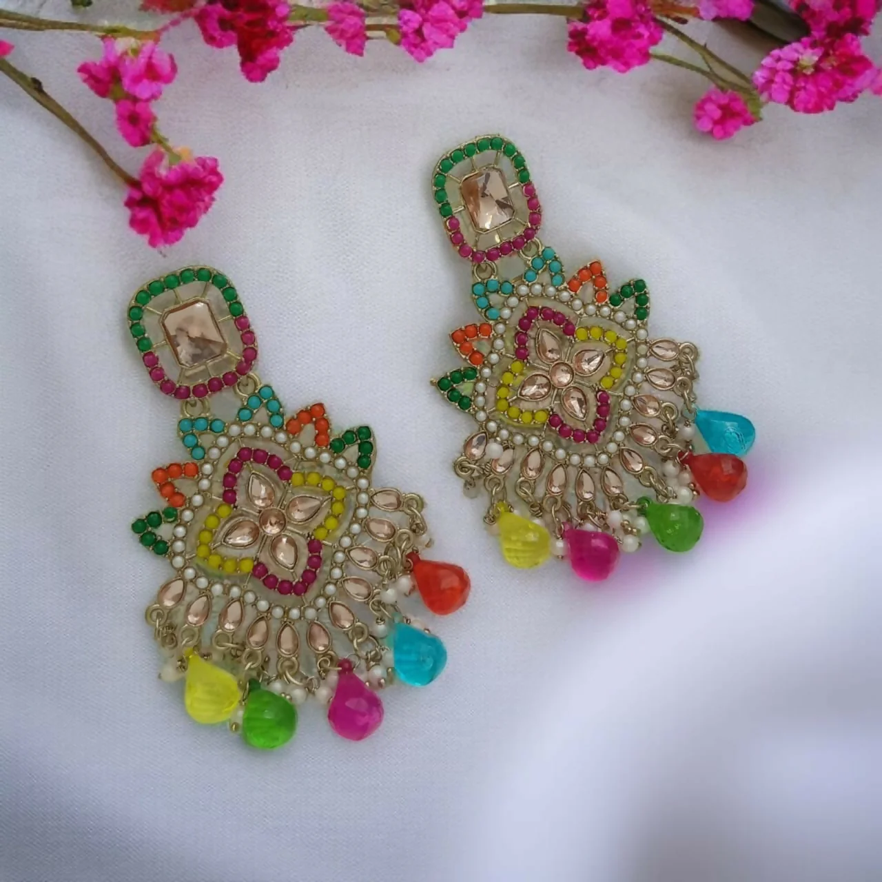 Intricate Gold-Toned Multi-Hue Floral Earrings for Party Wear - Image 3