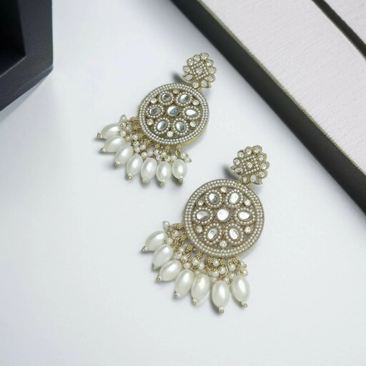 Gold-Finish Circular Buttis with White Kundan & Pearl Drops - Image 2