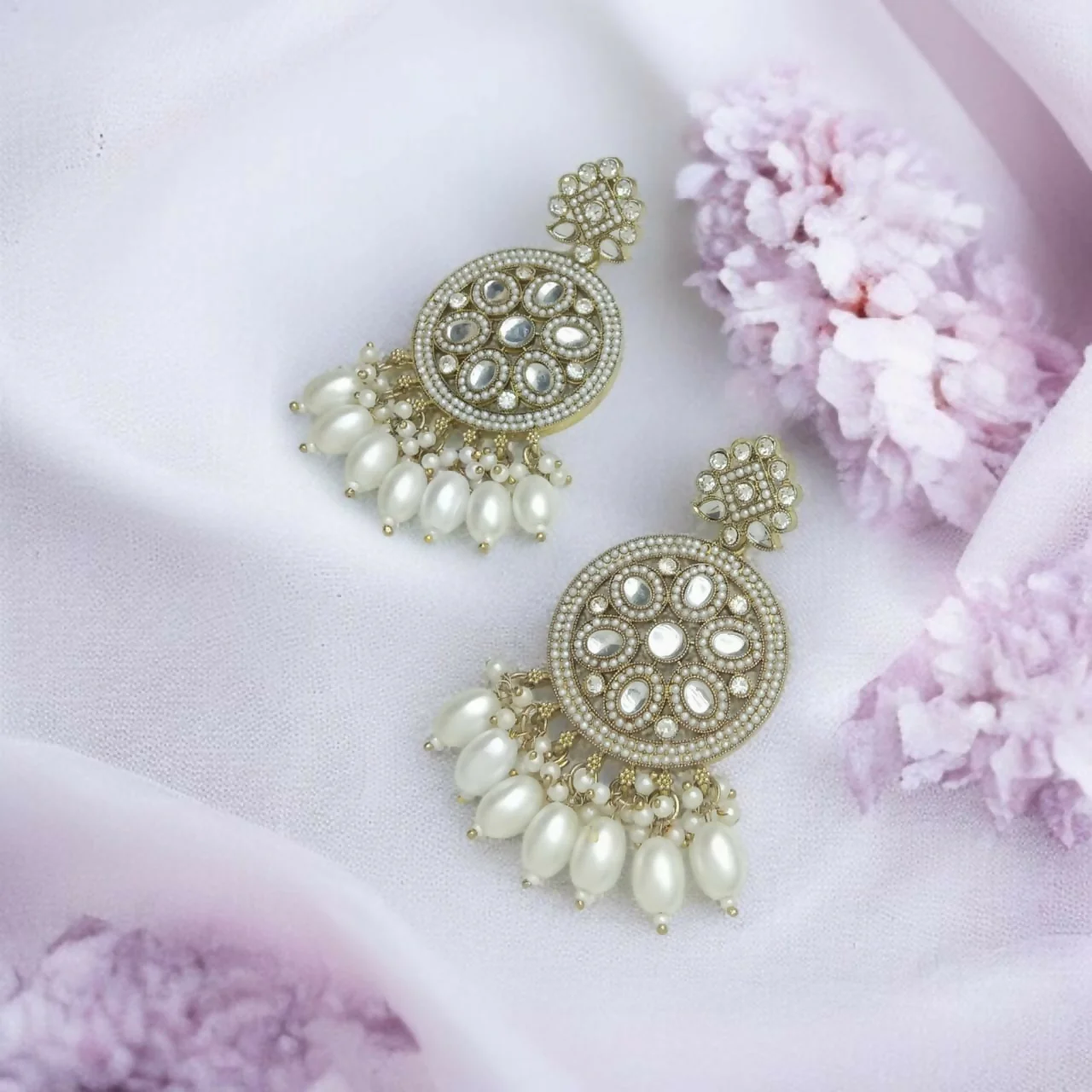 Gold-Finish Circular Buttis with White Kundan & Pearl Drops - Image 3