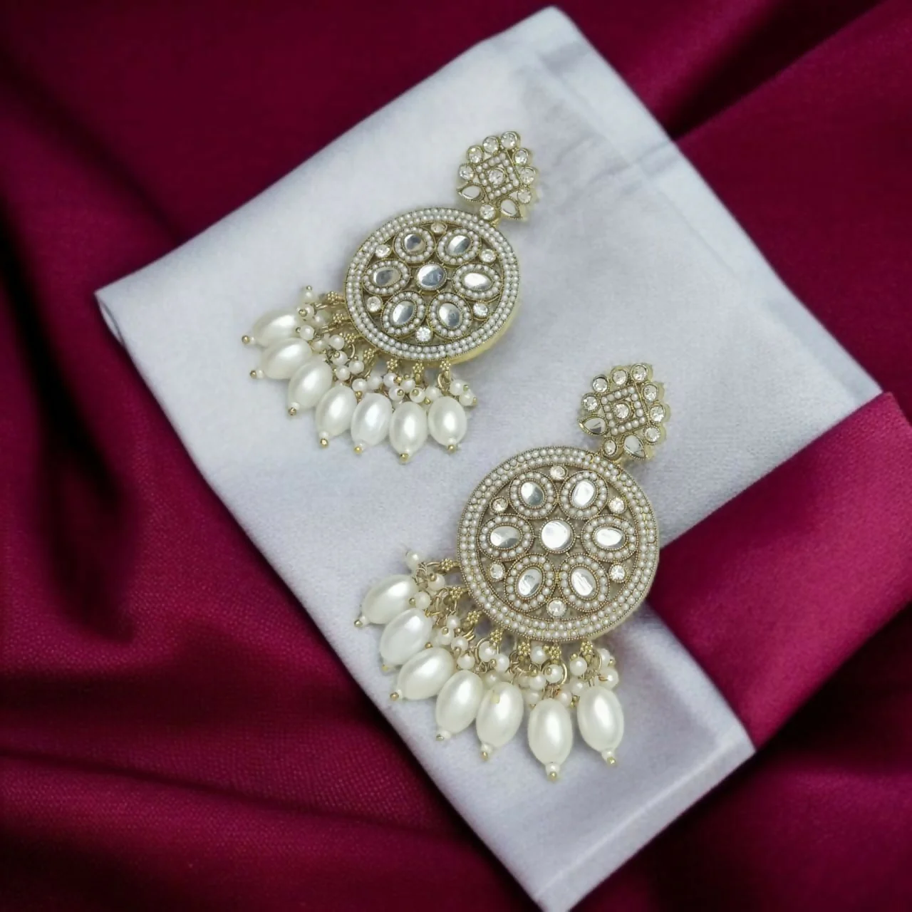 Gold-Finish Circular Buttis with White Kundan & Pearl Drops - Image 4