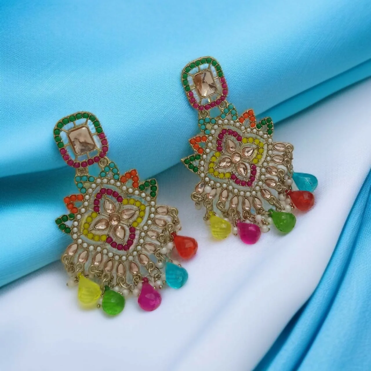 Intricate Gold-Toned Multi-Hue Floral Earrings for Party Wear - Image 4
