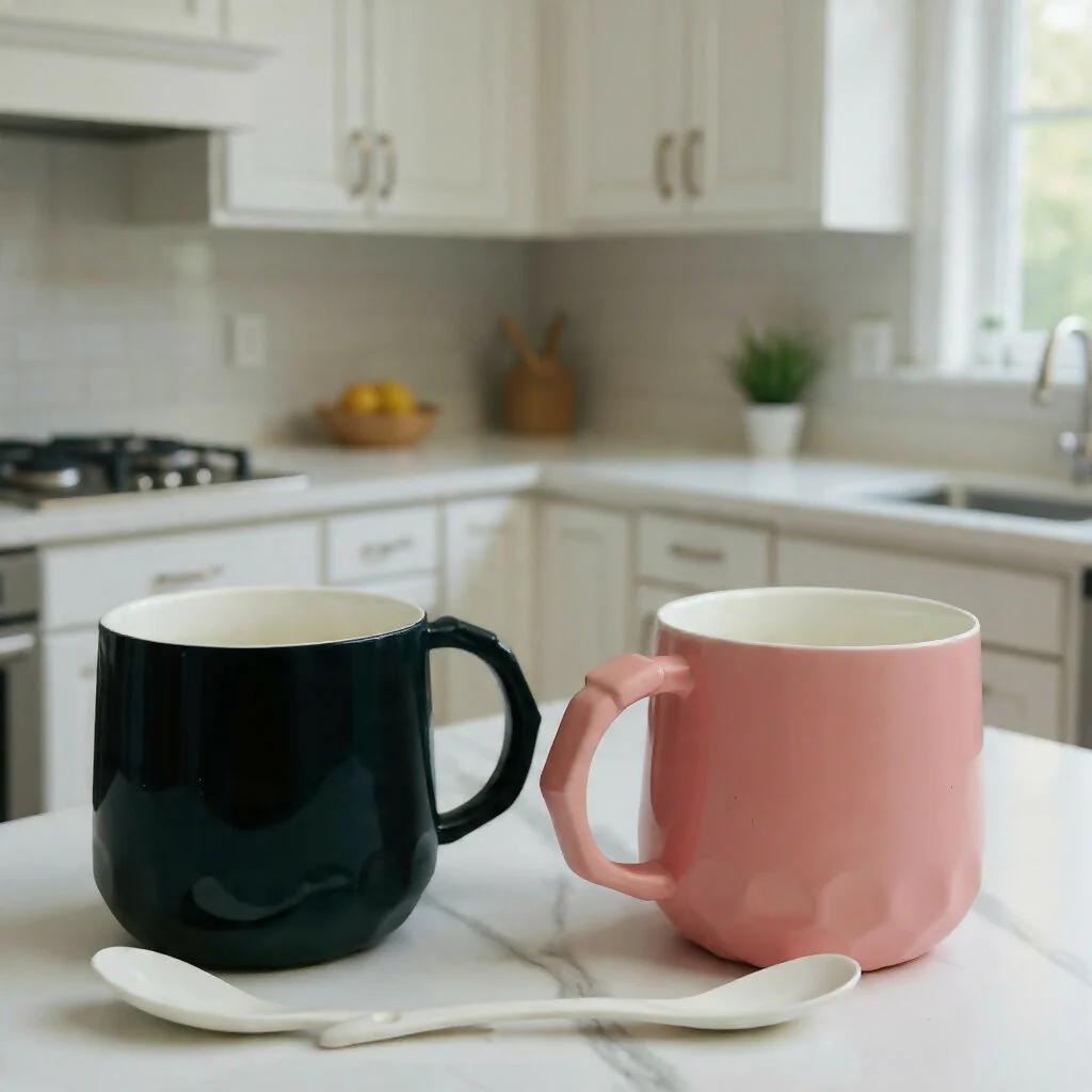 Ceramic Coffee Mug Set of 2 with Spoons, Designer Tea Cups - Image 2