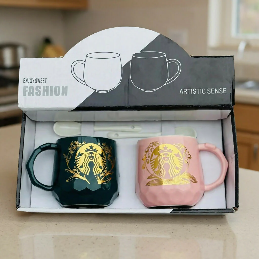 Ceramic Coffee Mug Set of 2 with Spoons, Designer Tea Cups - Image 3