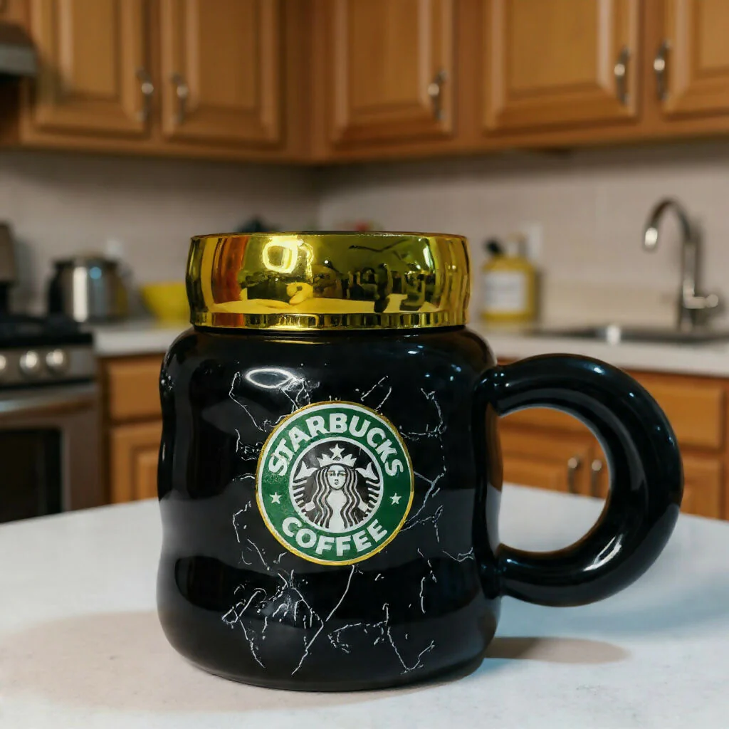Ceramic Coffee Mug with Lid & Marble Design, Stylish Tea Cup (Color may vary) - Image 2
