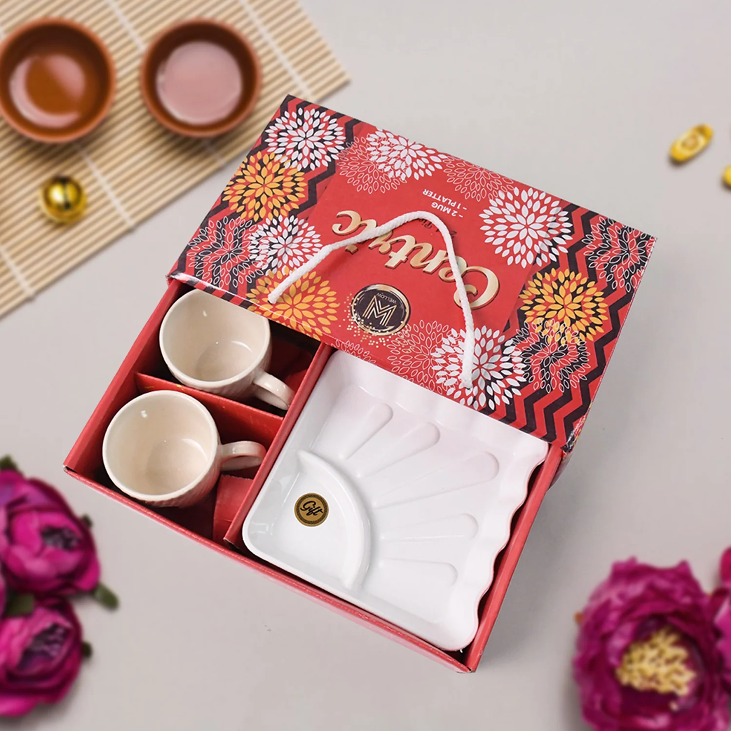 Cerntric Ceramic Tea Cup With Plastic Square Shape Serving Platter Milk Cup 3pc Set - Image 2