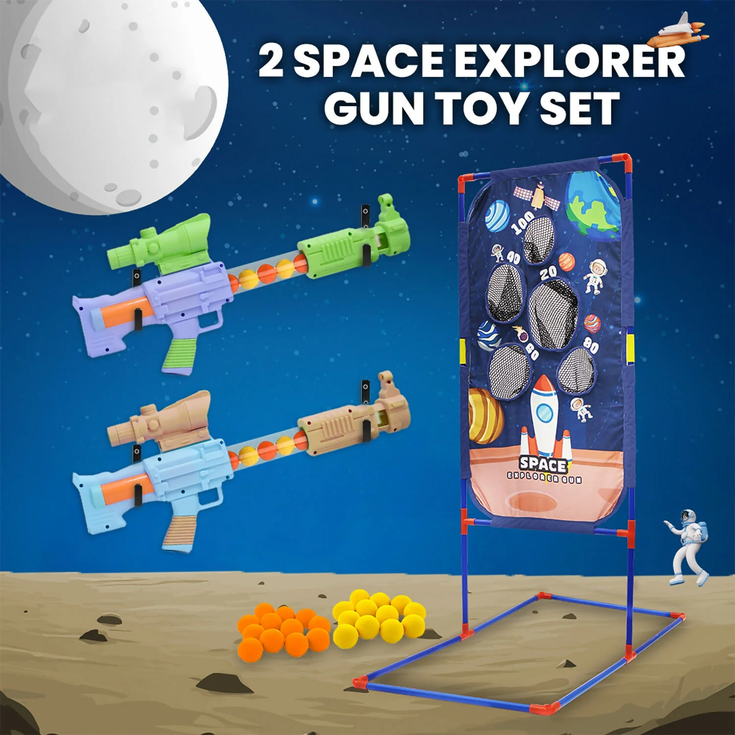 Aditi Space Explorer Pack Of 2 Pneumatic Gun Toy Stand Include 24 Soft Foam Ball - Image 2