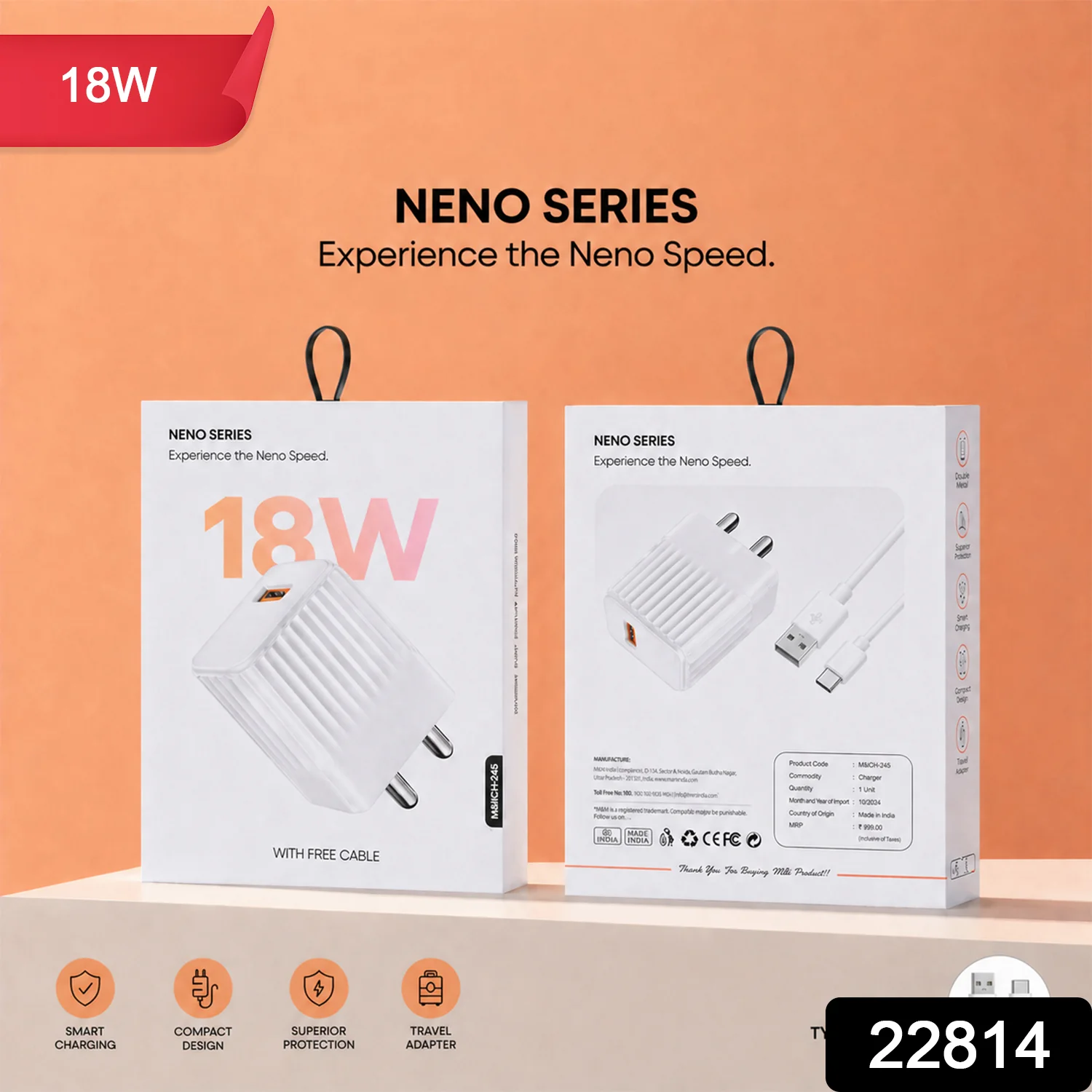 18W Fast Charging USB Wall Adapter with Free Type C Cable - Image 2