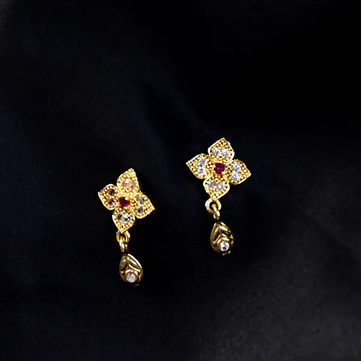 Charming Flower Motif Gold Earrings with Teardrop Charm - Image 2