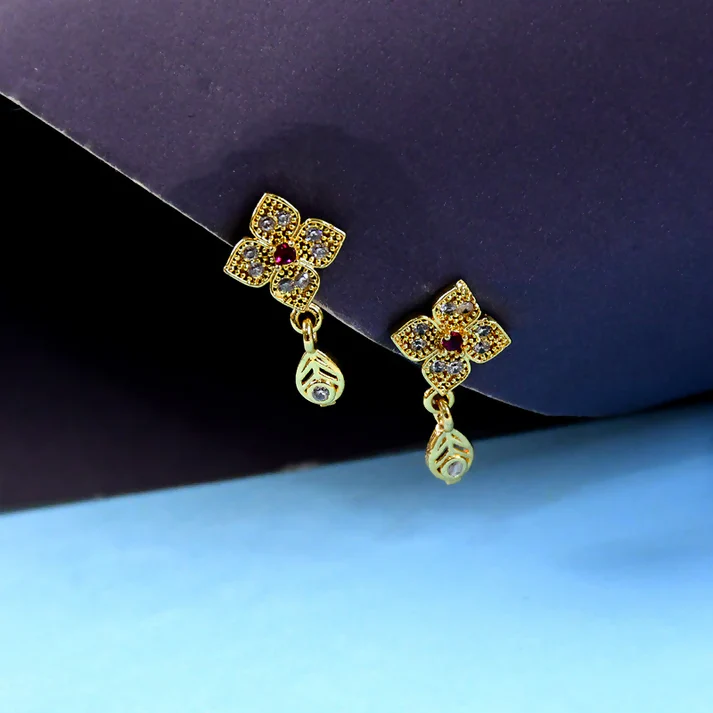 Charming Flower Motif Gold Earrings with Teardrop Charm - Image 3