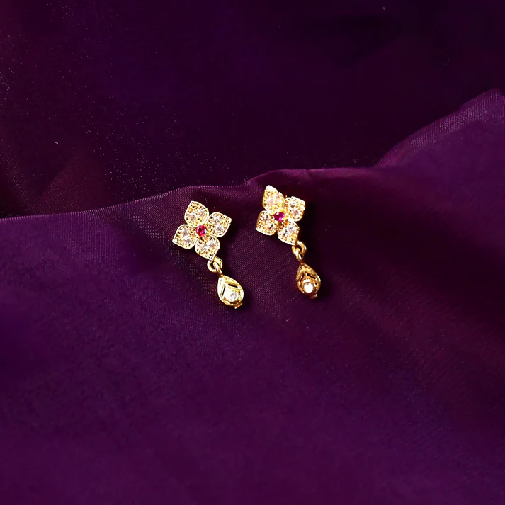 Charming Flower Motif Gold Earrings with Teardrop Charm - Image 4