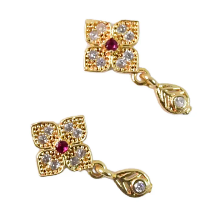 Charming Flower Motif Gold Earrings with Teardrop Charm - Image 5