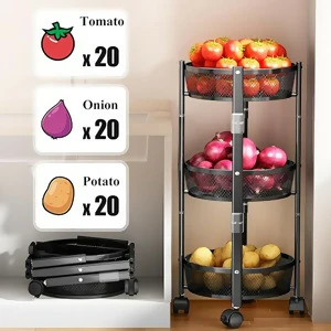 Collapsible 3-Tier Kitchen Trolley with Wheels | Foldable Metal Mesh Storage Rack | Heavy-Duty Vegetable & Fruit Basket Stand | Multipurpose Utility Cart for Home & Office - Image 2