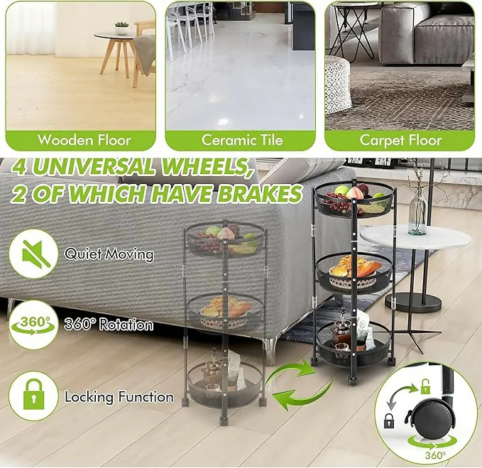Collapsible 3-Tier Kitchen Trolley with Wheels | Foldable Metal Mesh Storage Rack | Heavy-Duty Vegetable & Fruit Basket Stand | Multipurpose Utility Cart for Home & Office - Image 3