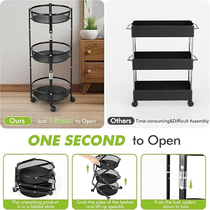 Collapsible 3-Tier Kitchen Trolley with Wheels | Foldable Metal Mesh Storage Rack | Heavy-Duty Vegetable & Fruit Basket Stand | Multipurpose Utility Cart for Home & Office - Image 4