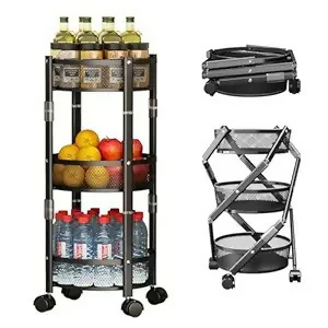 Collapsible 3-Tier Kitchen Trolley with Wheels | Foldable Metal Mesh Storage Rack | Heavy-Duty Vegetable & Fruit Basket Stand | Multipurpose Utility Cart for Home & Office - Image 5