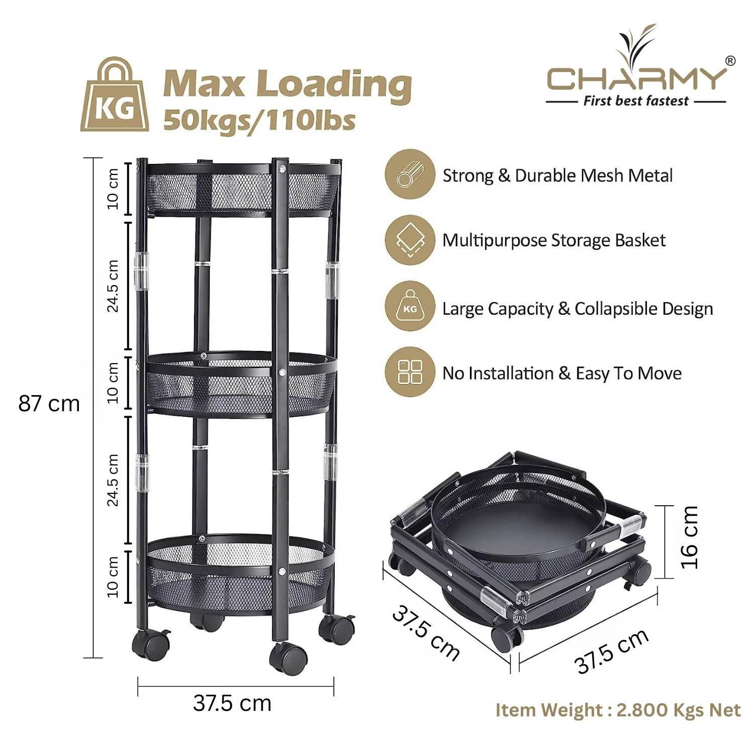 Collapsible 3-Tier Kitchen Trolley with Wheels | Foldable Metal Mesh Storage Rack | Heavy-Duty Vegetable & Fruit Basket Stand | Multipurpose Utility Cart for Home & Office - Image 6