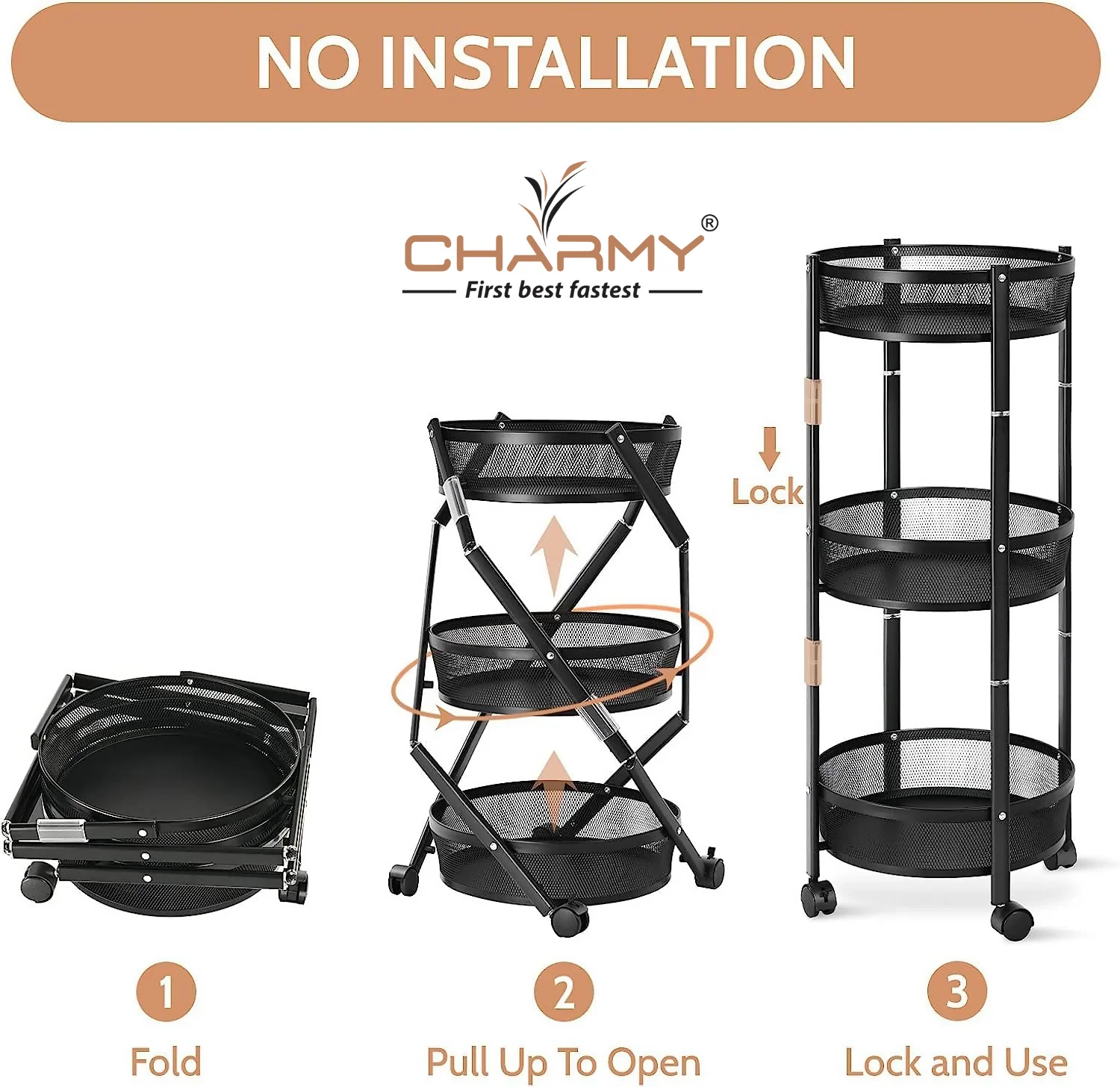 Collapsible 3-Tier Kitchen Trolley with Wheels | Foldable Metal Mesh Storage Rack | Heavy-Duty Vegetable & Fruit Basket Stand | Multipurpose Utility Cart for Home & Office - Image 7