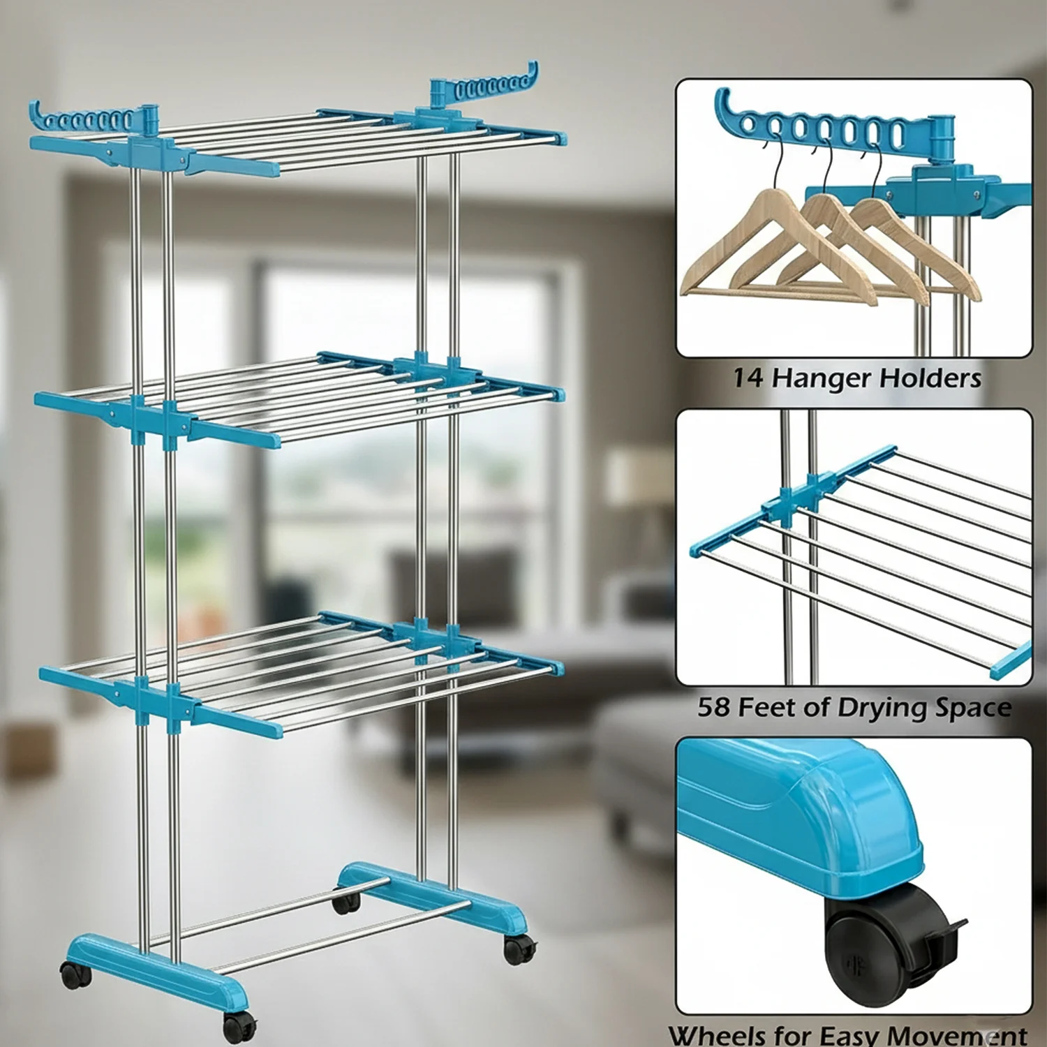 Foldable Cloth Drying Stand with Wheels – Multi-Layer Heavy Duty Rack - Image 3