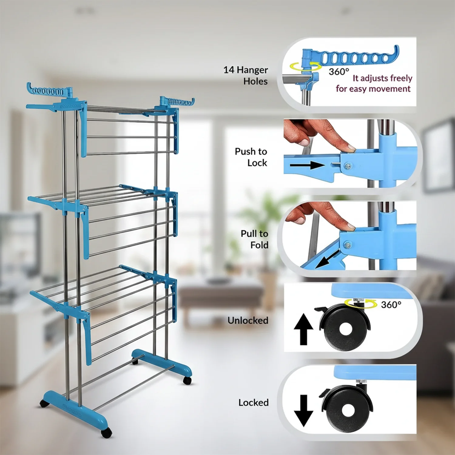 Foldable Cloth Drying Stand with Wheels – Multi-Layer Heavy Duty Rack - Image 4