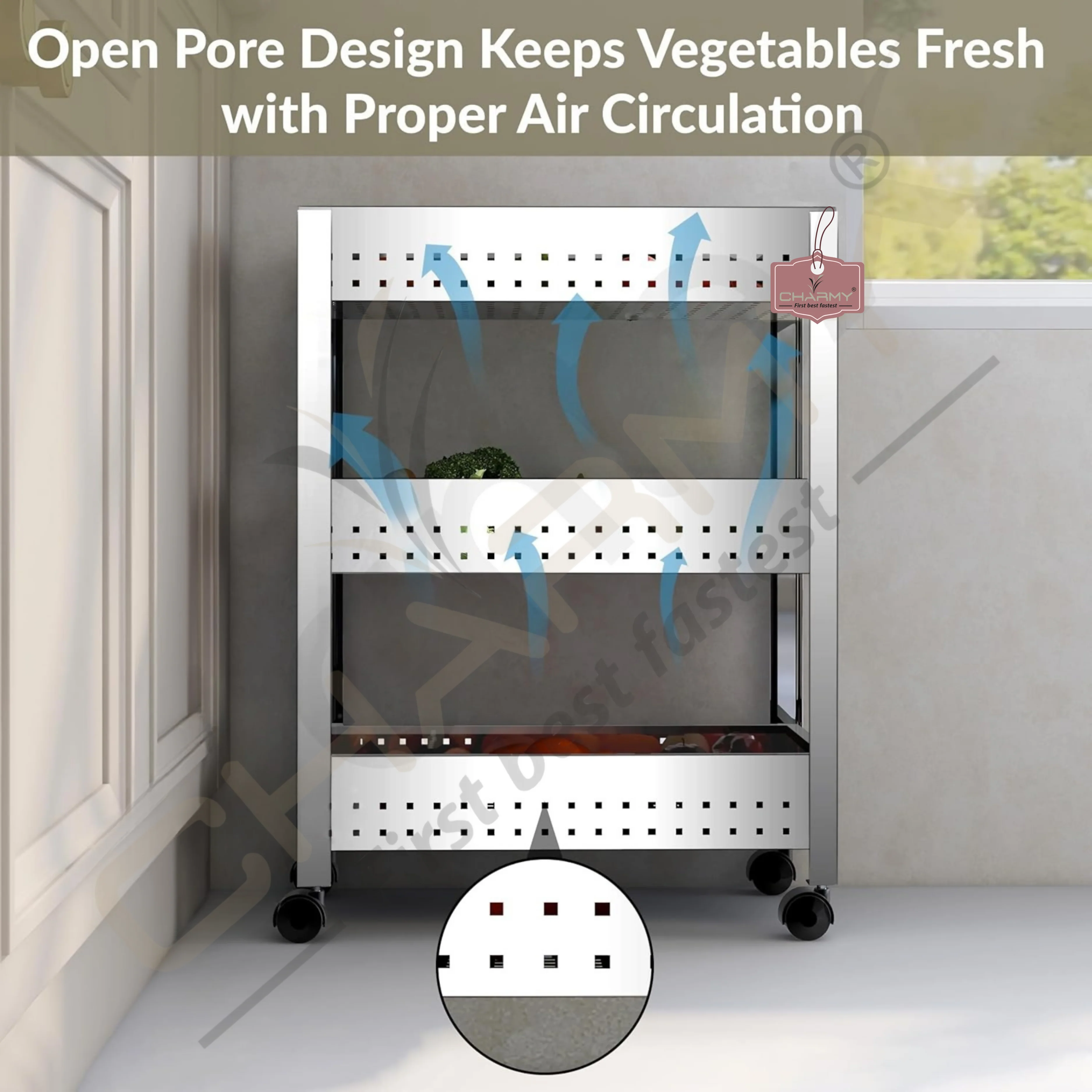 Stainless Steel 3-Tier Vegetable Storage Trolley Silver - Image 2