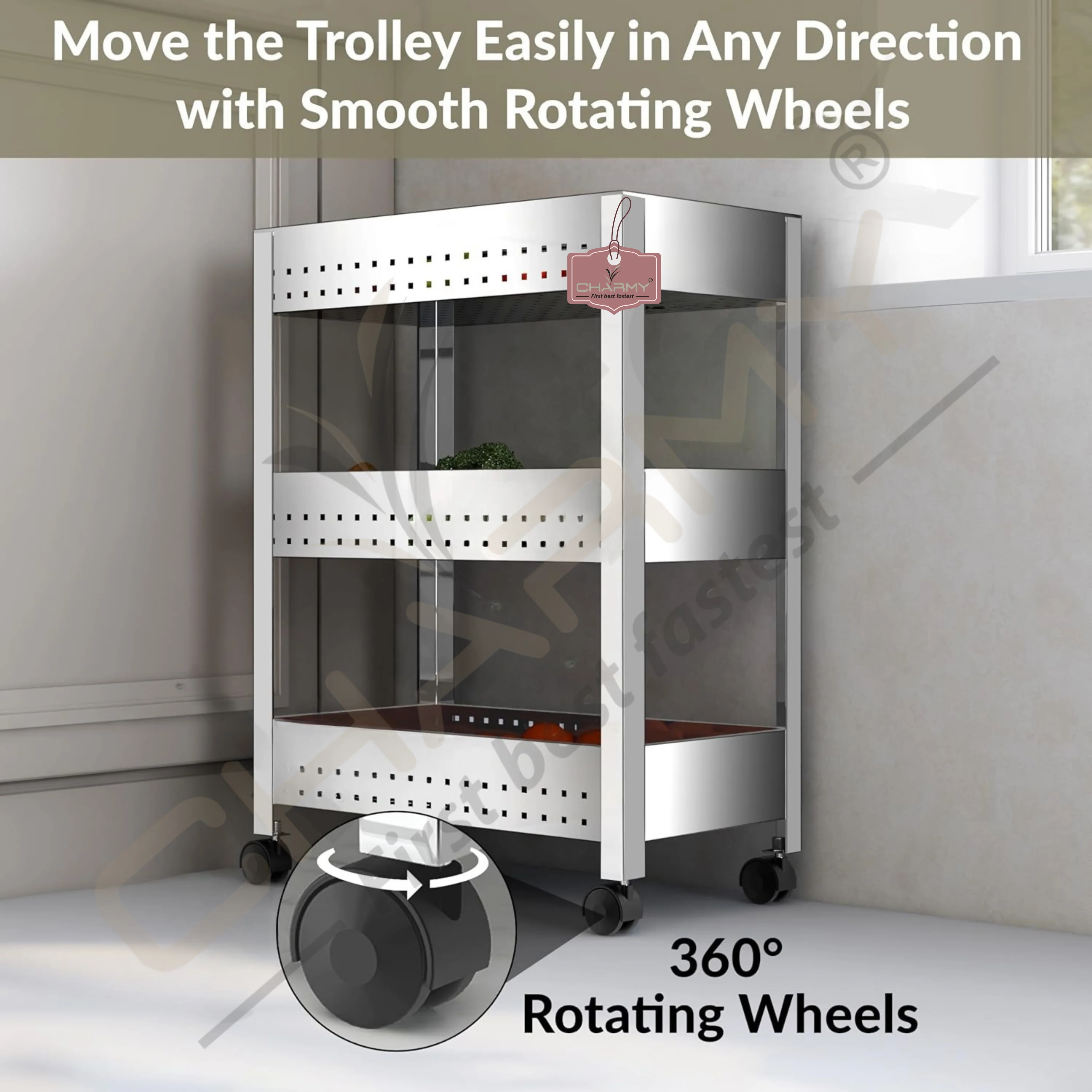 Stainless Steel 3-Tier Vegetable Storage Trolley Silver - Image 3