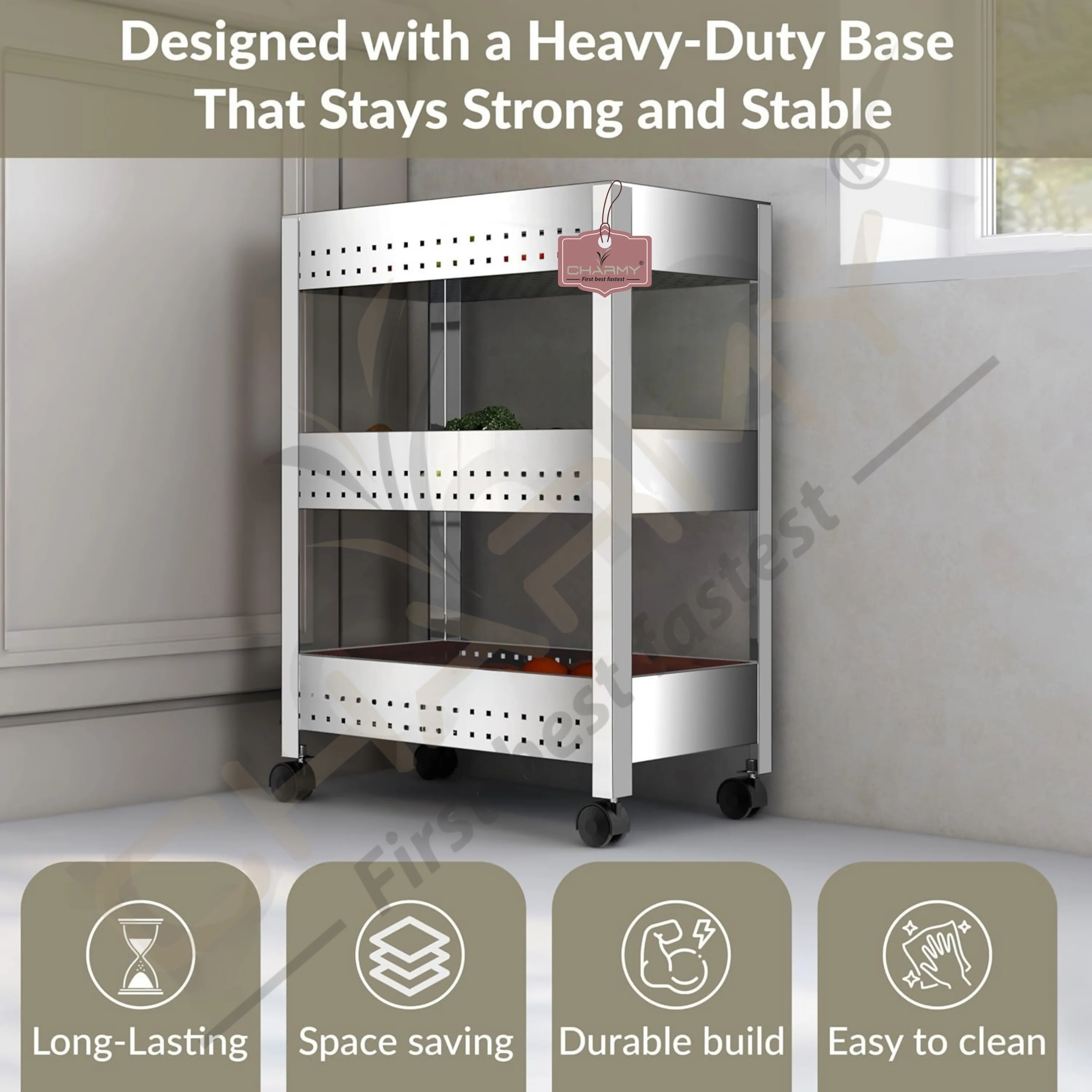 Stainless Steel 3-Tier Vegetable Storage Trolley Silver - Image 5
