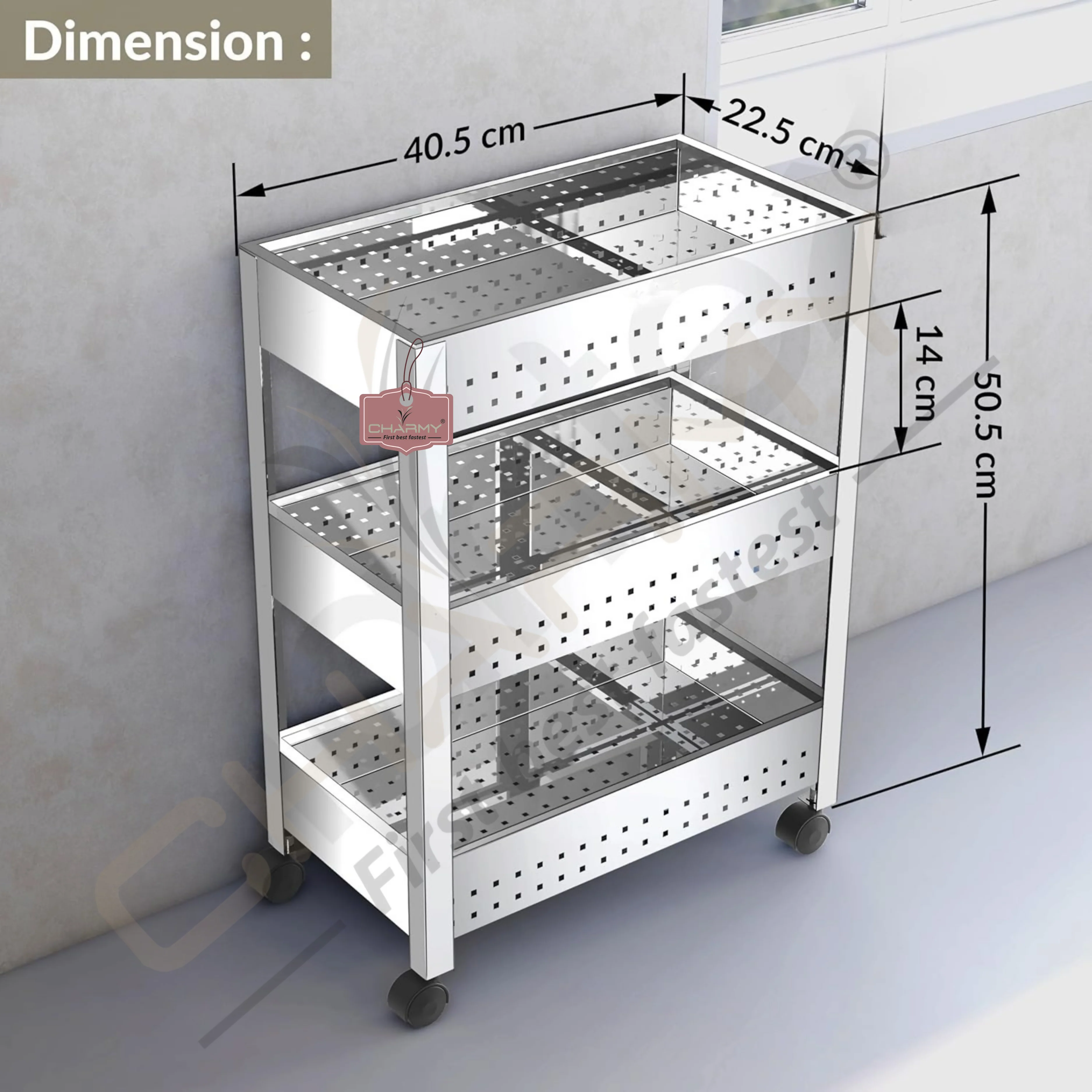 Stainless Steel 3-Tier Vegetable Storage Trolley Silver - Image 6