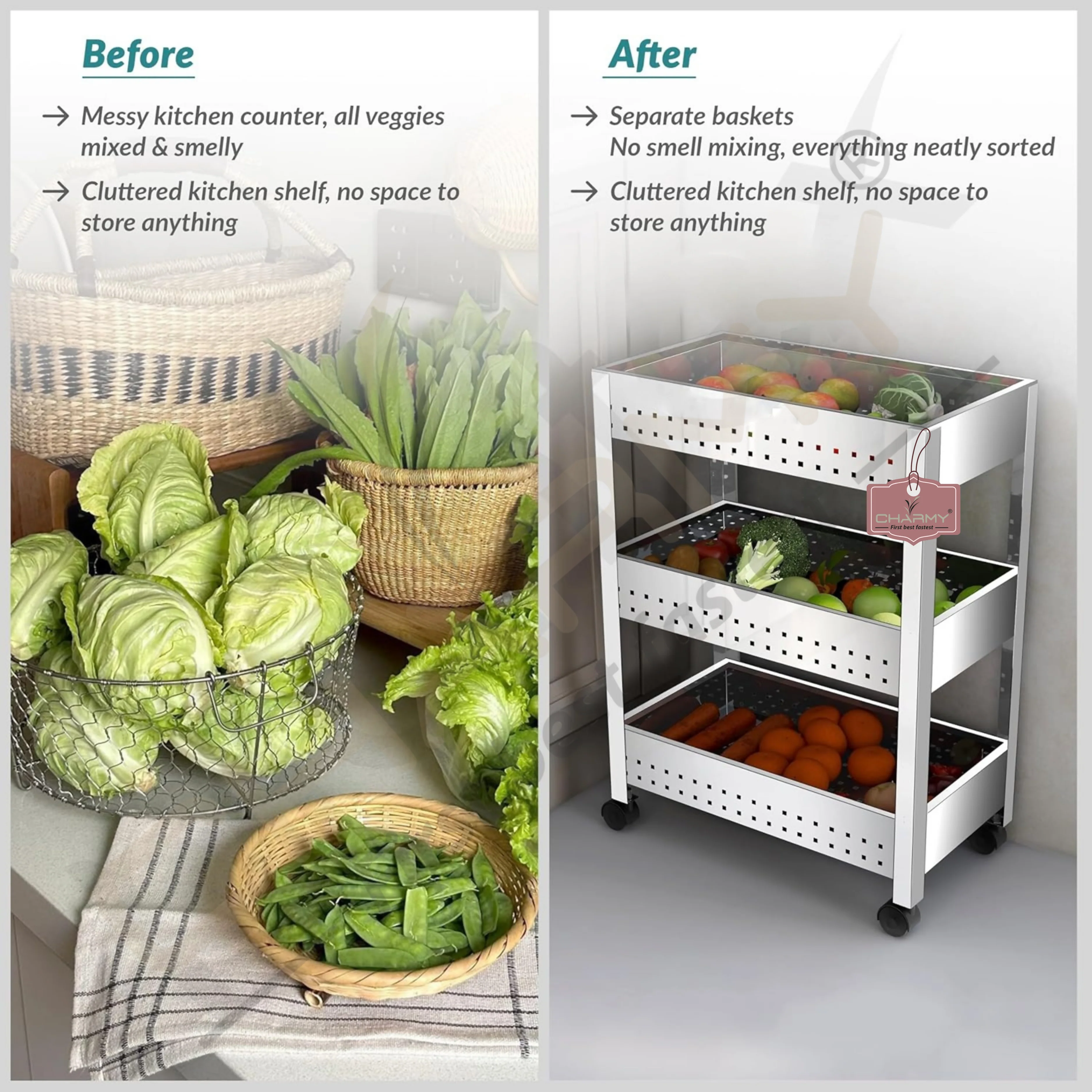 Stainless Steel 3-Tier Vegetable Storage Trolley Silver - Image 7