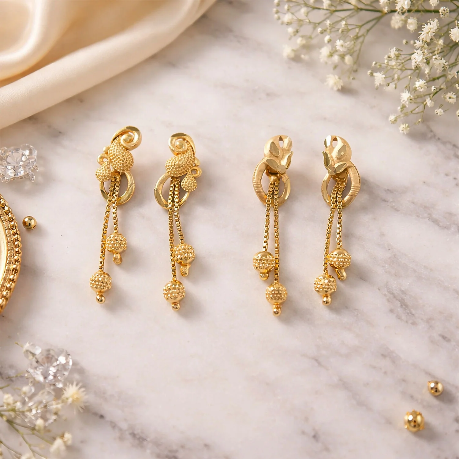 Chic Gold Chain Drop Earrings with Triple Hanging Beads and Sculpted Top Deign (2 Pair) - Image 2