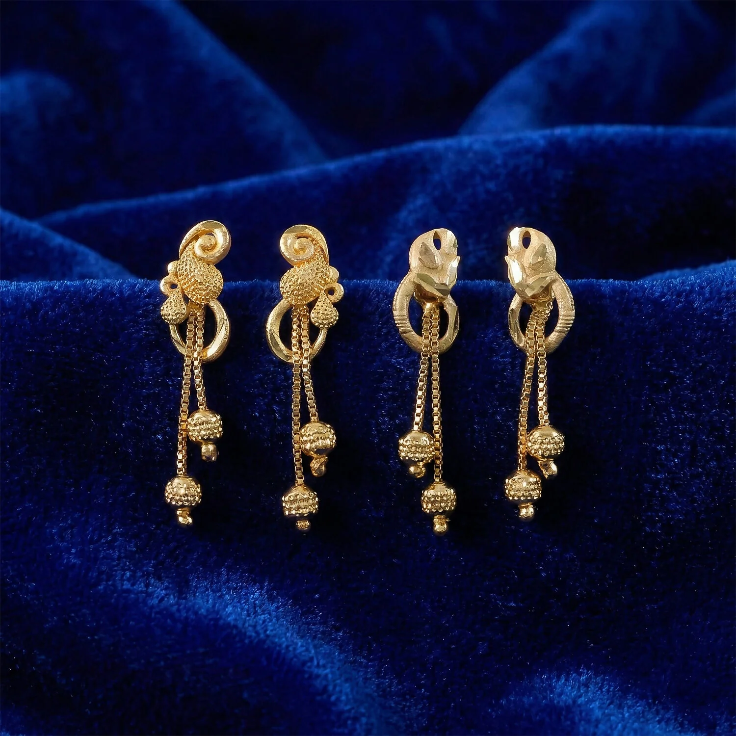 Chic Gold Chain Drop Earrings with Triple Hanging Beads and Sculpted Top Deign (2 Pair) - Image 3