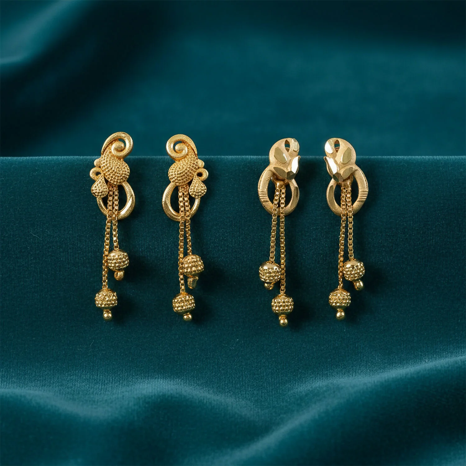 Chic Gold Chain Drop Earrings with Triple Hanging Beads and Sculpted Top Deign (2 Pair) - Image 4