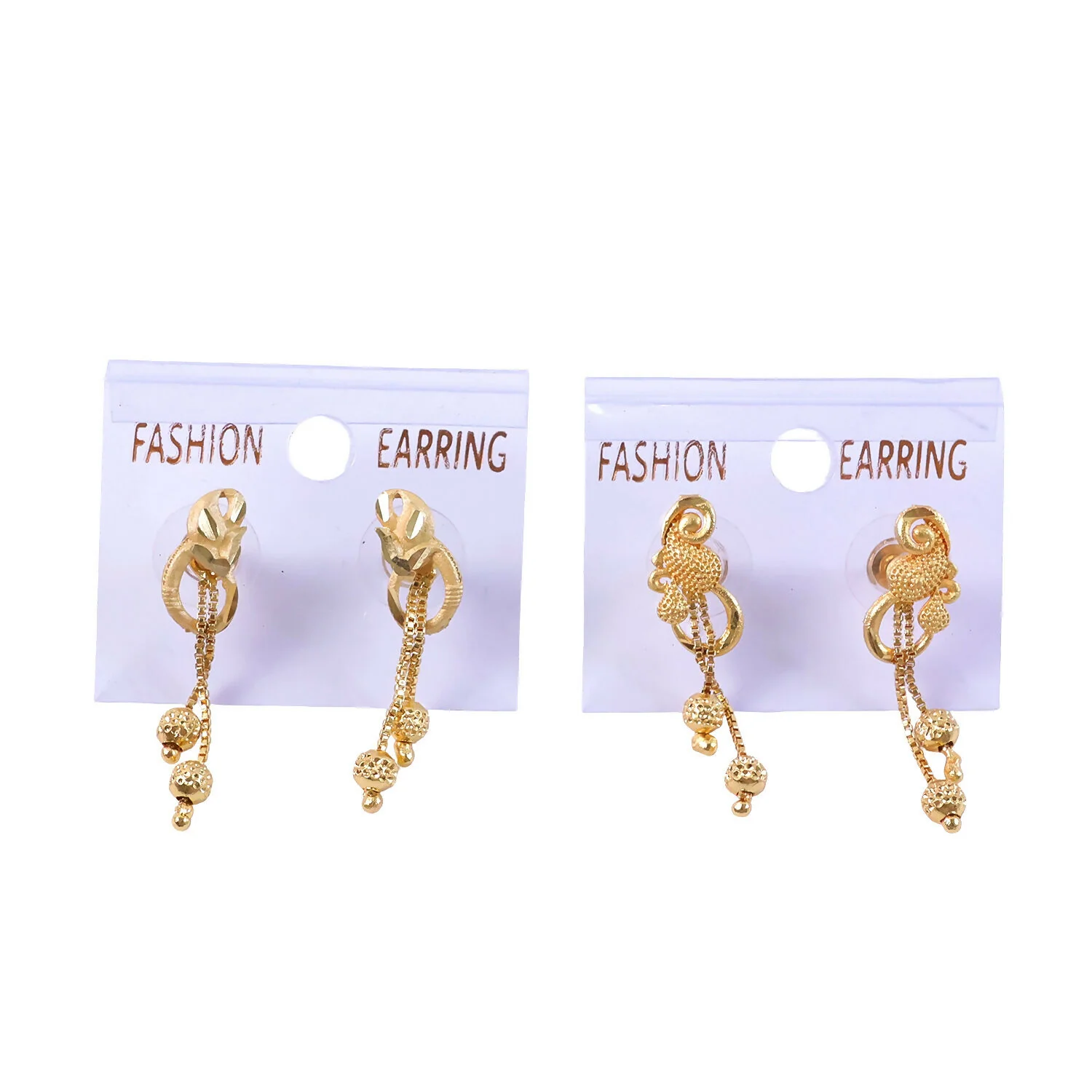 Chic Gold Chain Drop Earrings with Triple Hanging Beads and Sculpted Top Deign (2 Pair) - Image 5