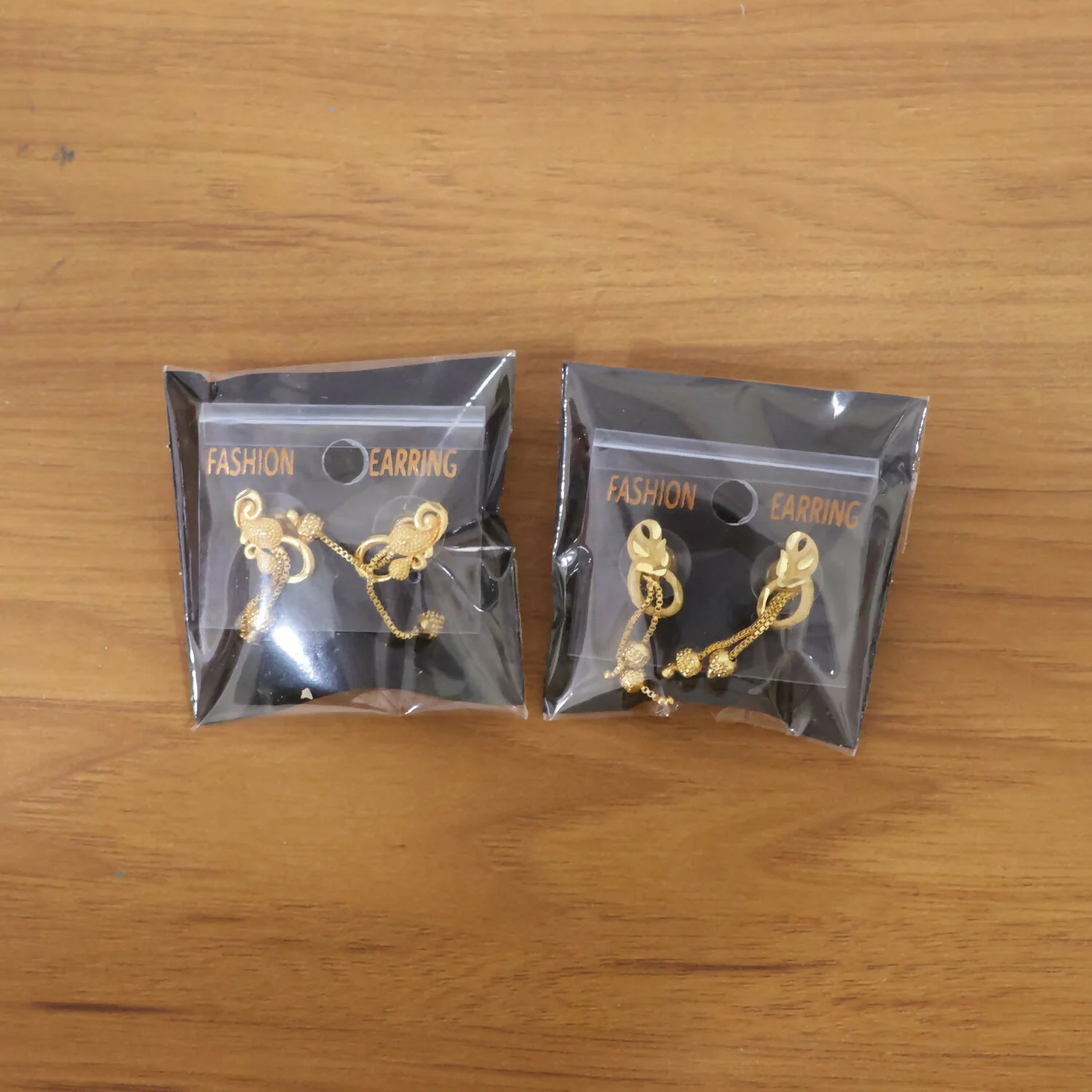 Chic Gold Chain Drop Earrings with Triple Hanging Beads and Sculpted Top Deign (2 Pair) - Image 6