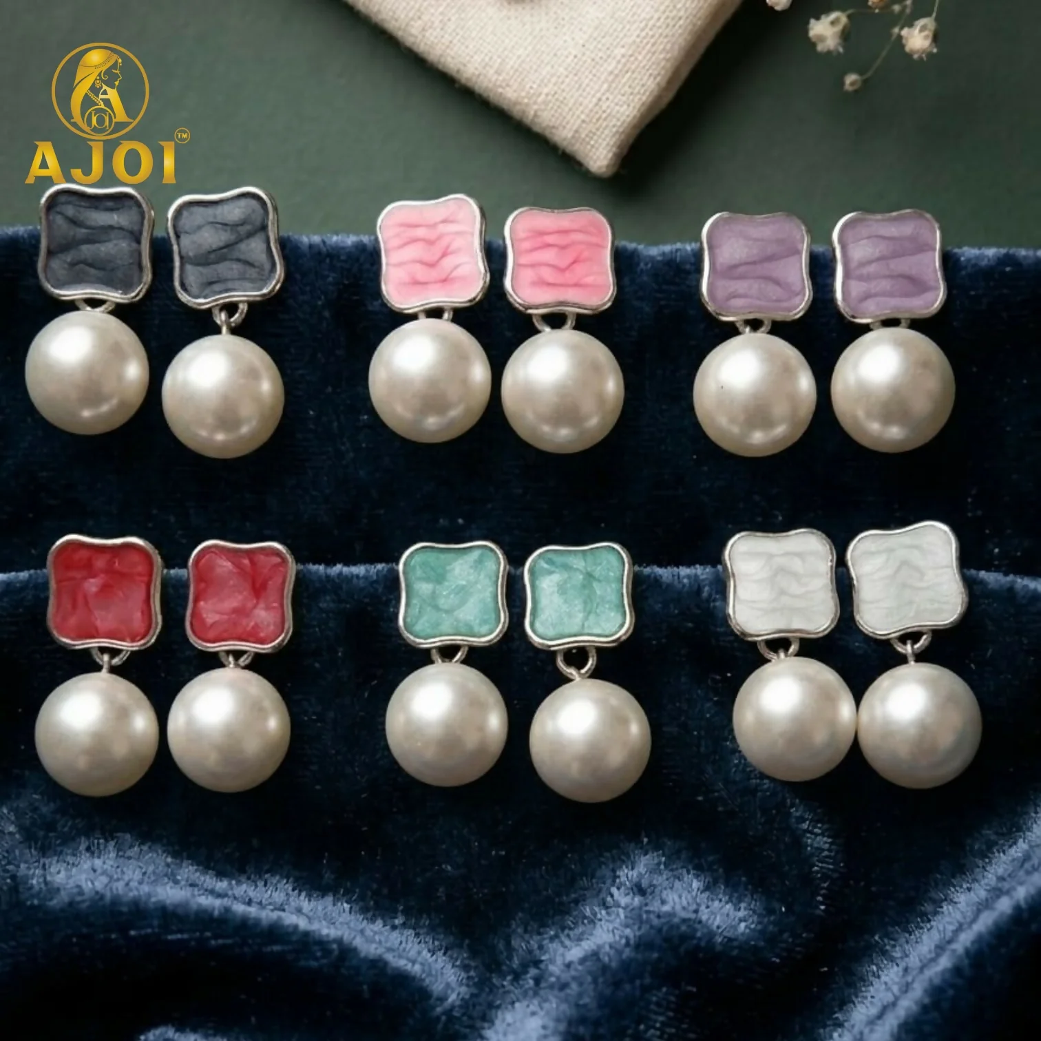 Chic Pearl Drop Earrings with Colorful Enamel Studs Set of 6 - Image 3