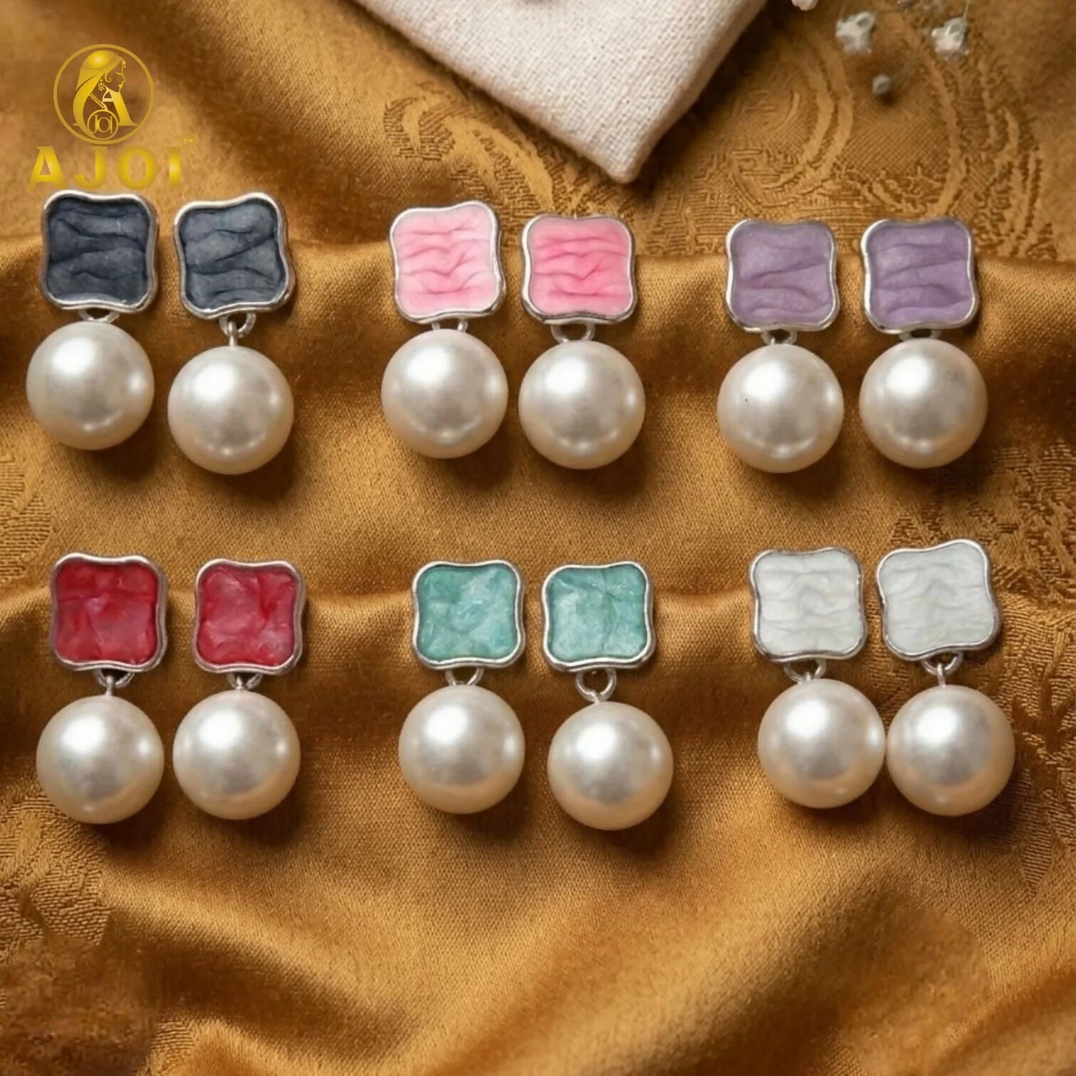 Chic Pearl Drop Earrings with Colorful Enamel Studs Set of 6 - Image 4