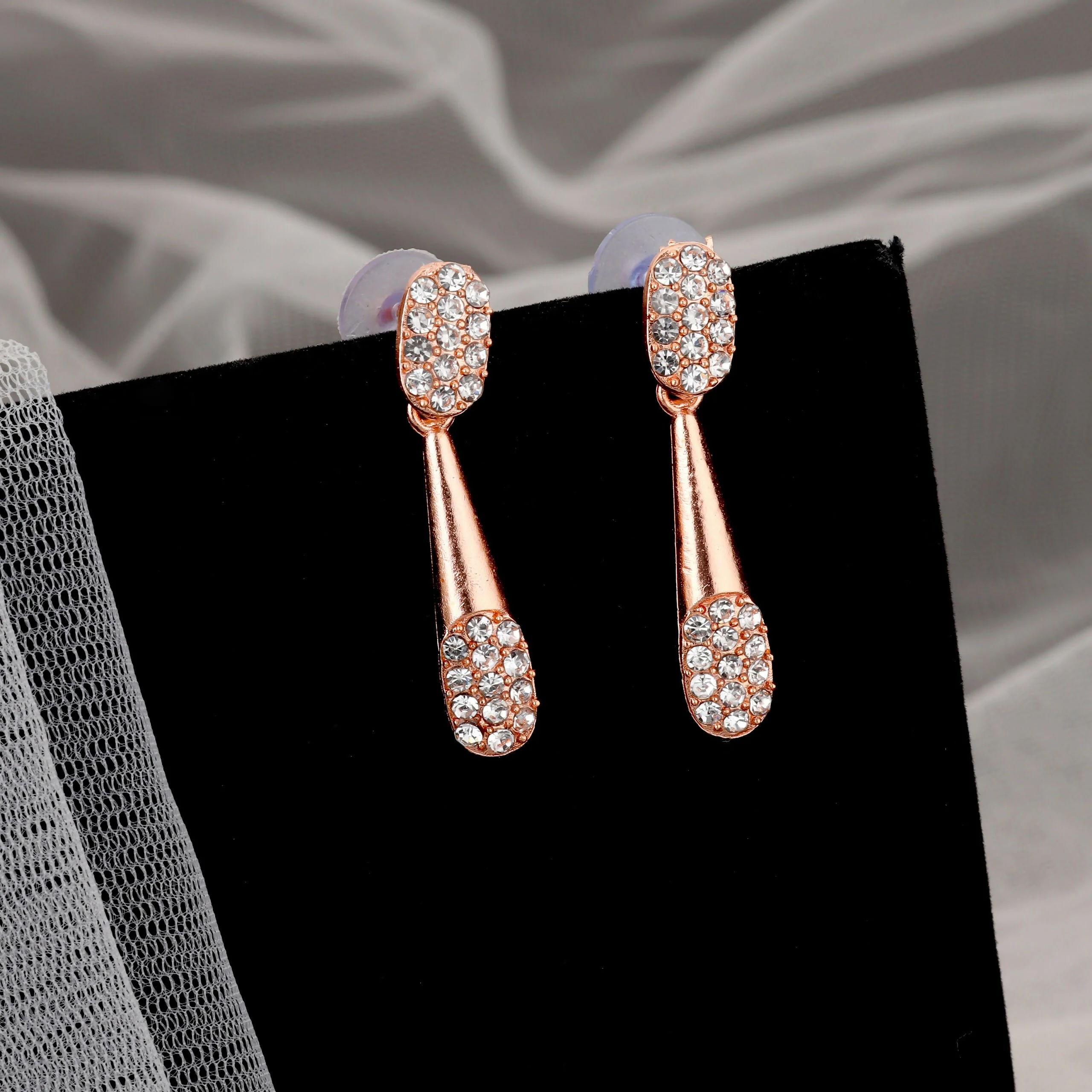 Chic Rose Gold-Toned American Diamond Tassel Necklace Set - Image 2