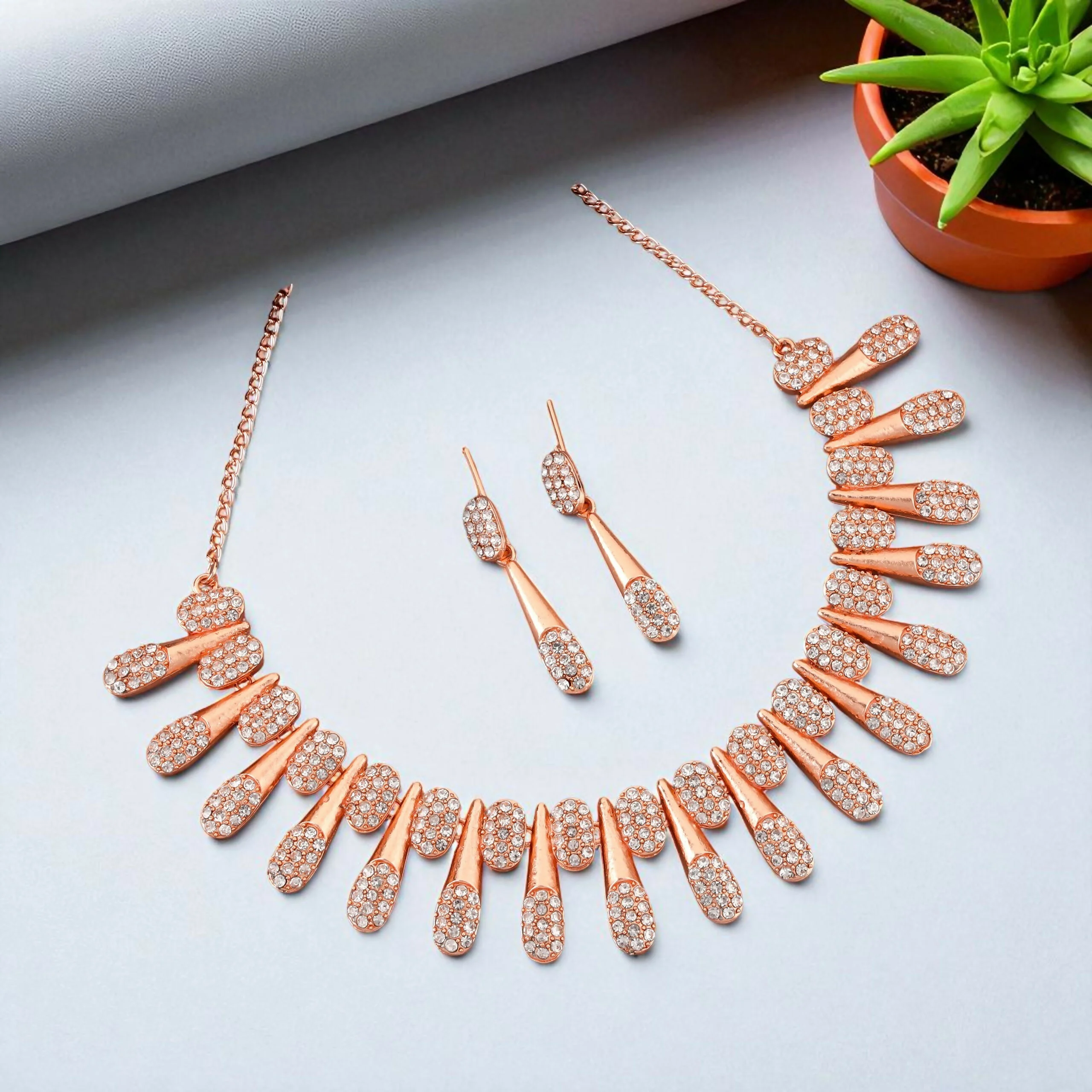 Chic Rose Gold-Toned American Diamond Tassel Necklace Set - Image 3
