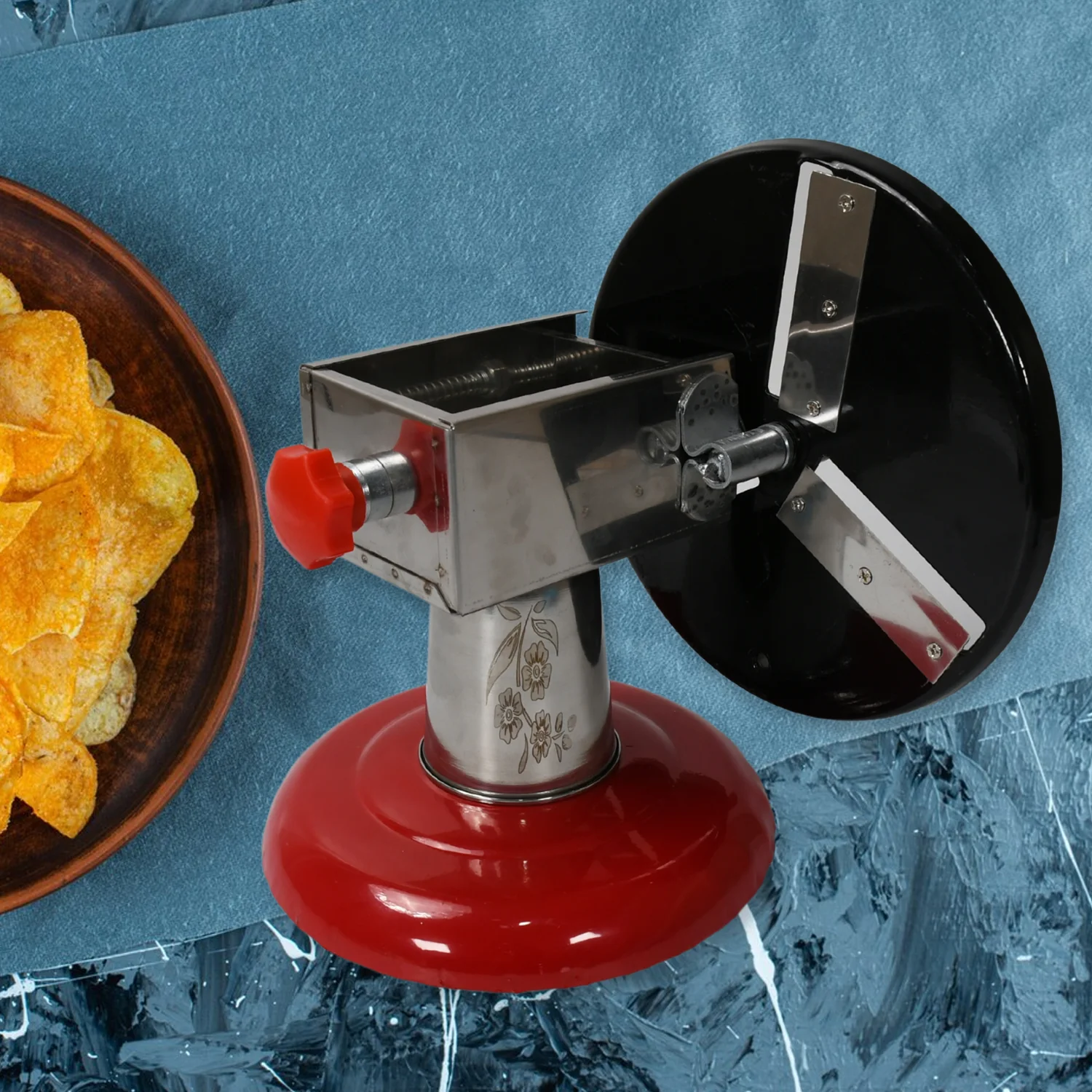 Stainless Steel Chips Maker and Vegetable Slicer for Kitchen Potato Slicer Graters and Chippers. Chips Maker is Suitable for Vegetable Cuttings. Chips Maker Consist Hard Coated Iron Wheel and Stand. - Image 4