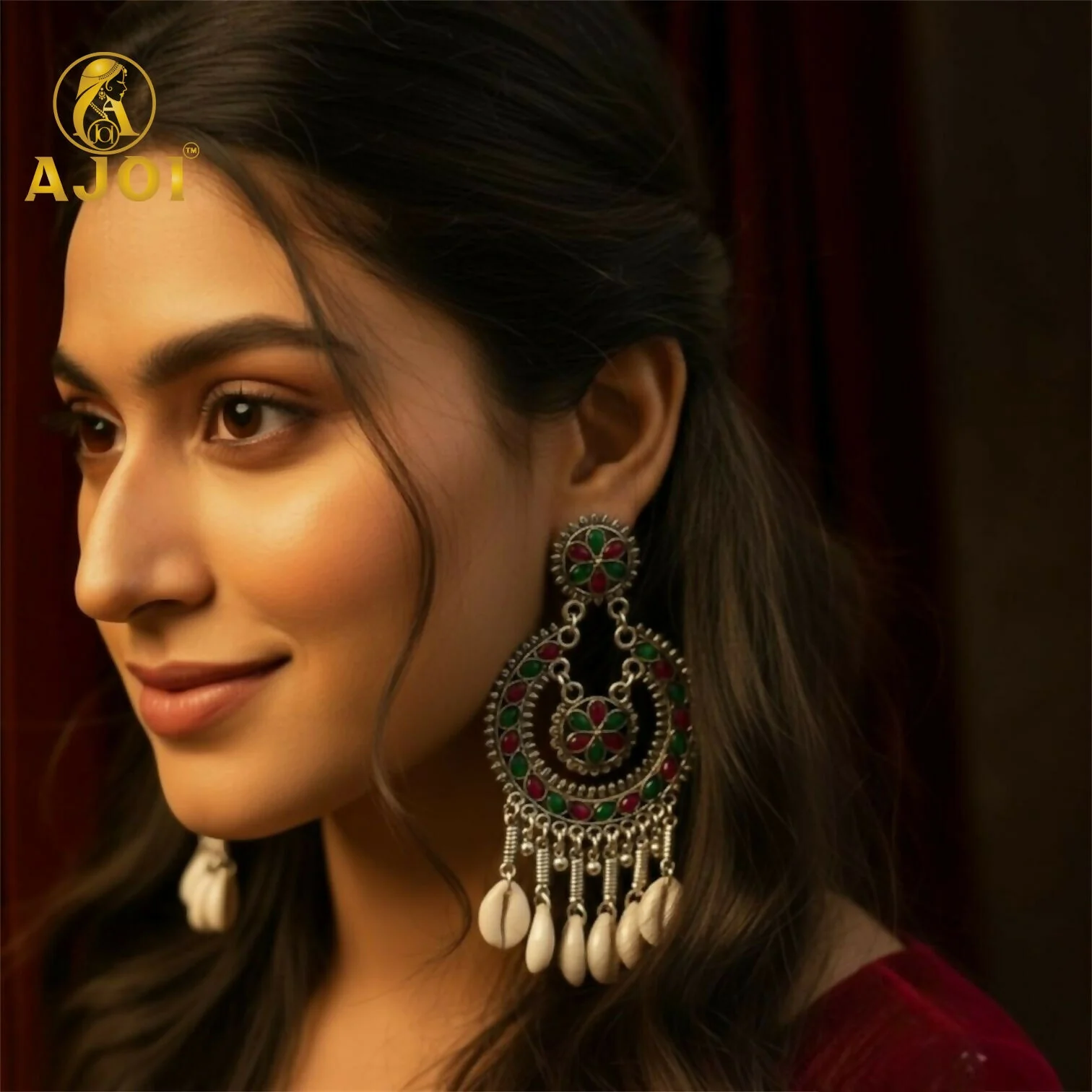 Classic Antique Silver Chandbali with Floral Enamel Work & Cowrie Shell Dangles | Traditional Wedding Statement Earrings. - Image 2
