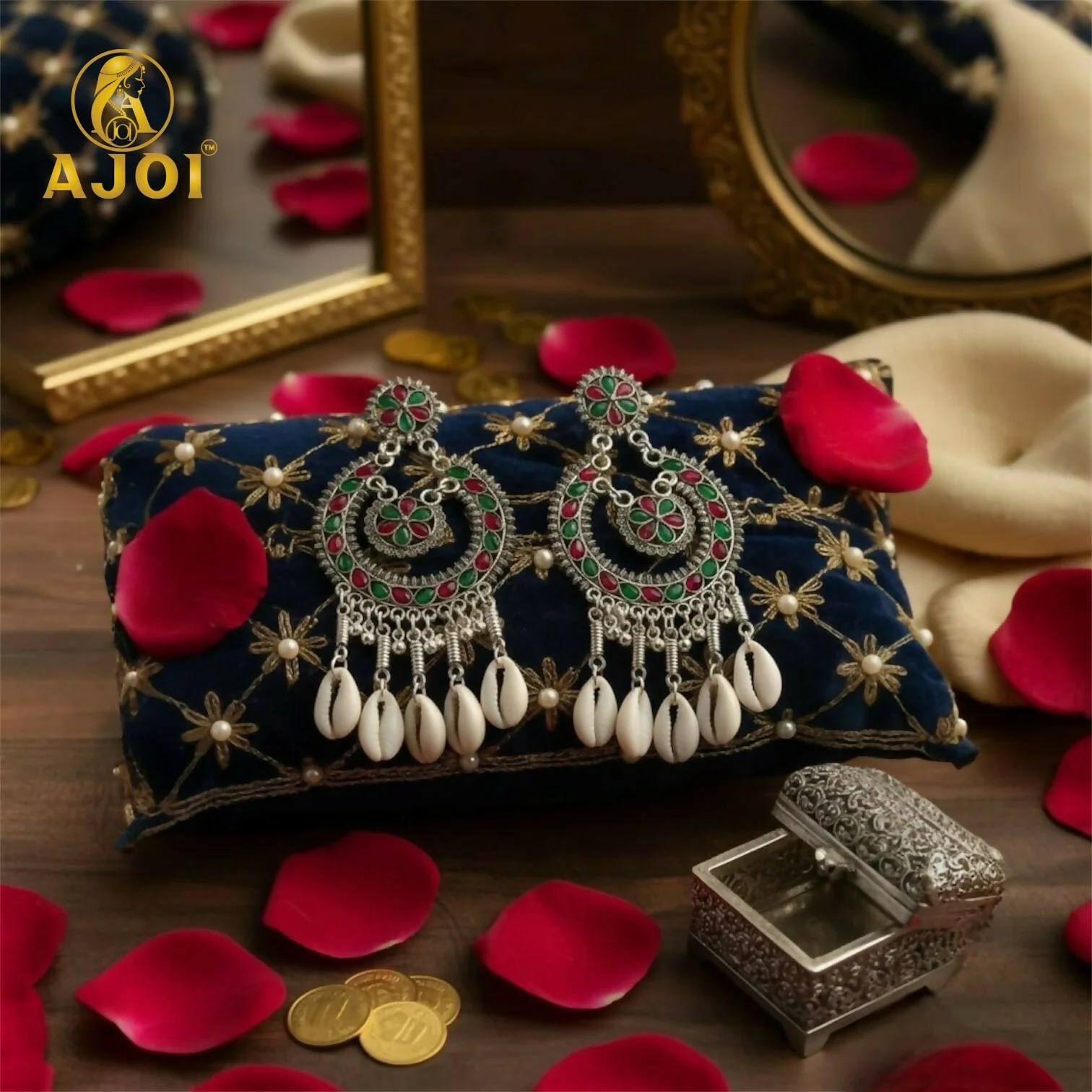 Classic Antique Silver Chandbali with Floral Enamel Work & Cowrie Shell Dangles | Traditional Wedding Statement Earrings. - Image 3