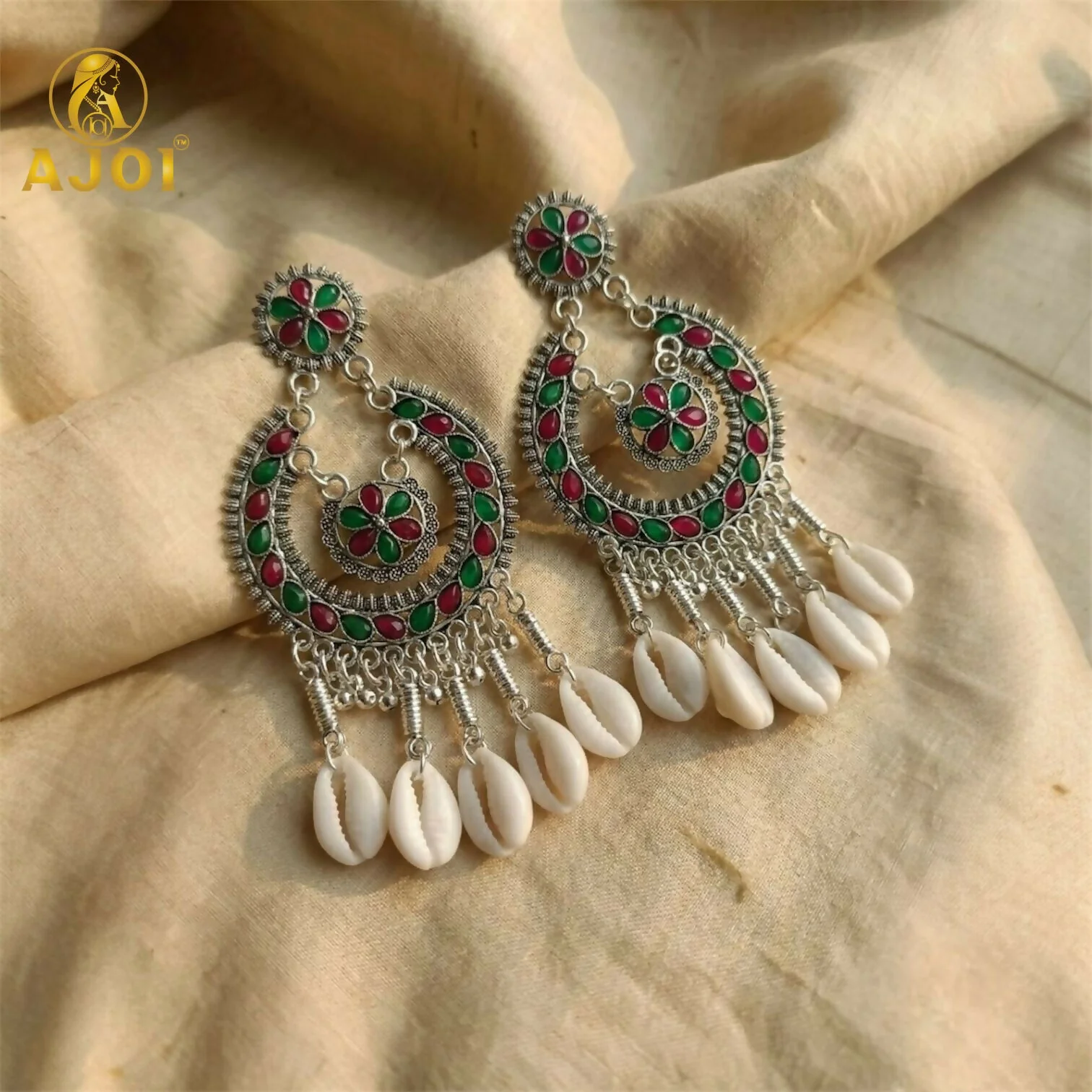 Classic Antique Silver Chandbali with Floral Enamel Work & Cowrie Shell Dangles | Traditional Wedding Statement Earrings. - Image 4