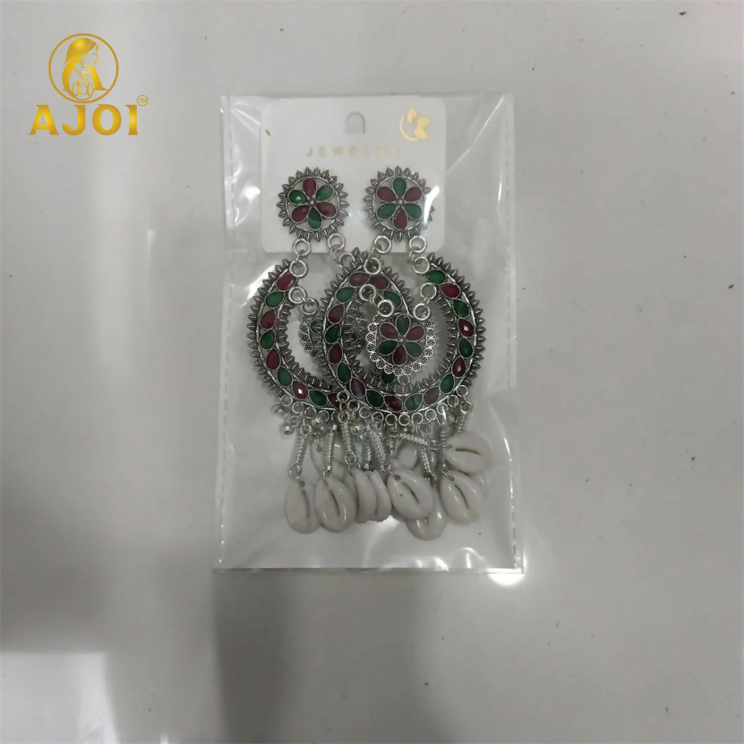 Classic Antique Silver Chandbali with Floral Enamel Work & Cowrie Shell Dangles | Traditional Wedding Statement Earrings. - Image 5