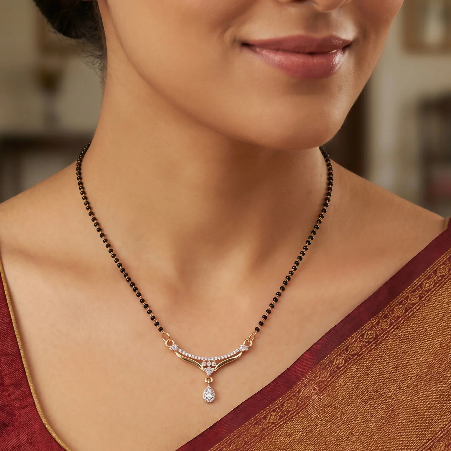 Classic Drop Pendant Mangalsutra with Curved Stone Bar - Image 3