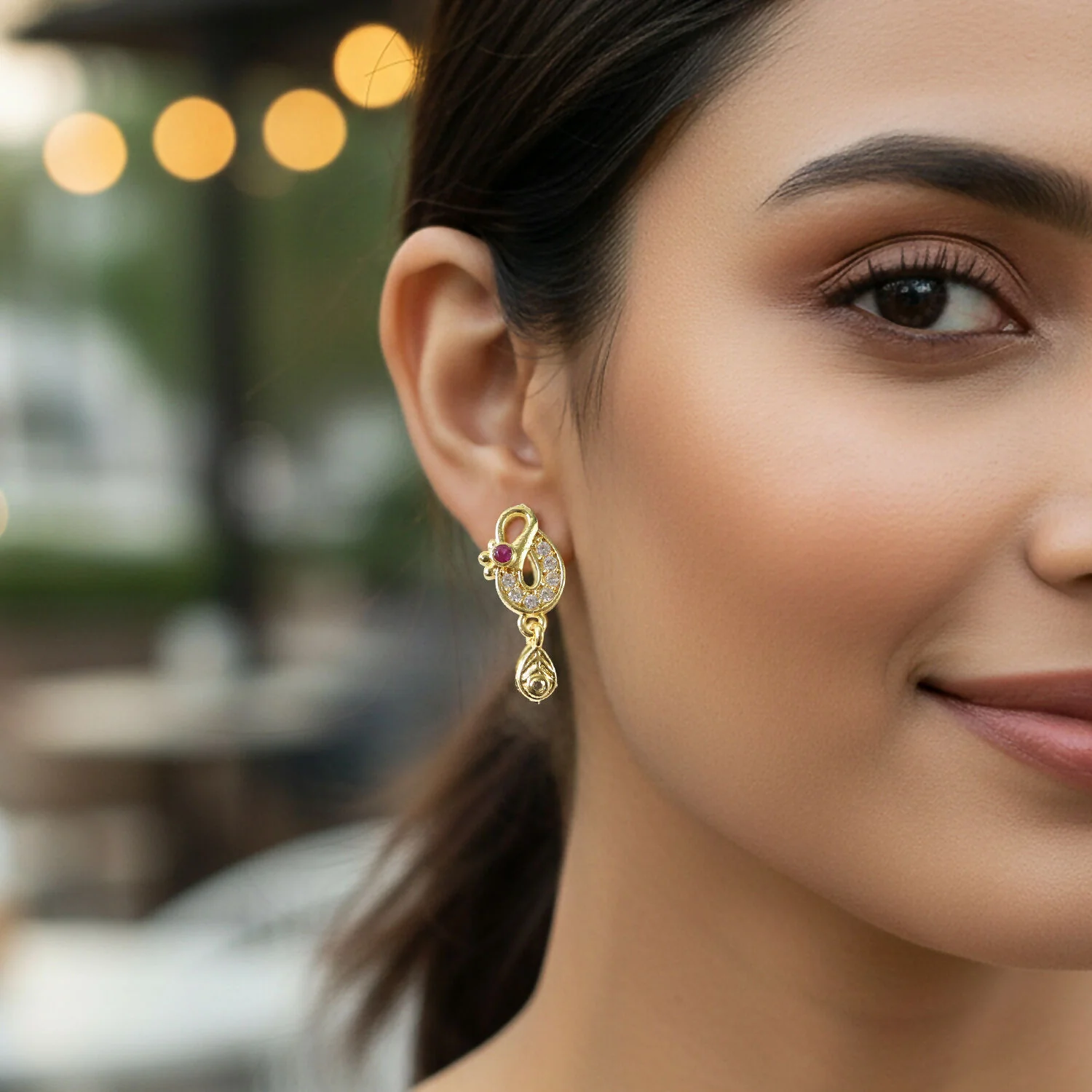 Classic Gold Finish Earrings with Crystal Detailing & Red Stone - Image 4